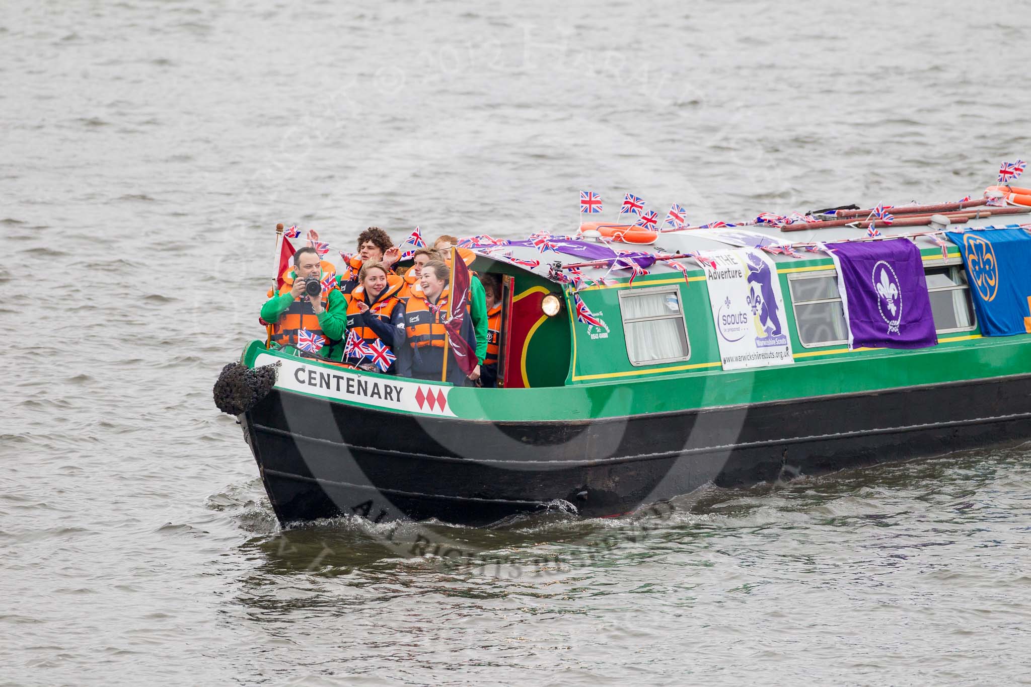 Thames Diamond Jubilee Pageant: NARROW BOATS- Centenary (Warwickshire) (R75)..
River Thames seen from Battersea Bridge,
London,

United Kingdom,
on 03 June 2012 at 15:54, image #457