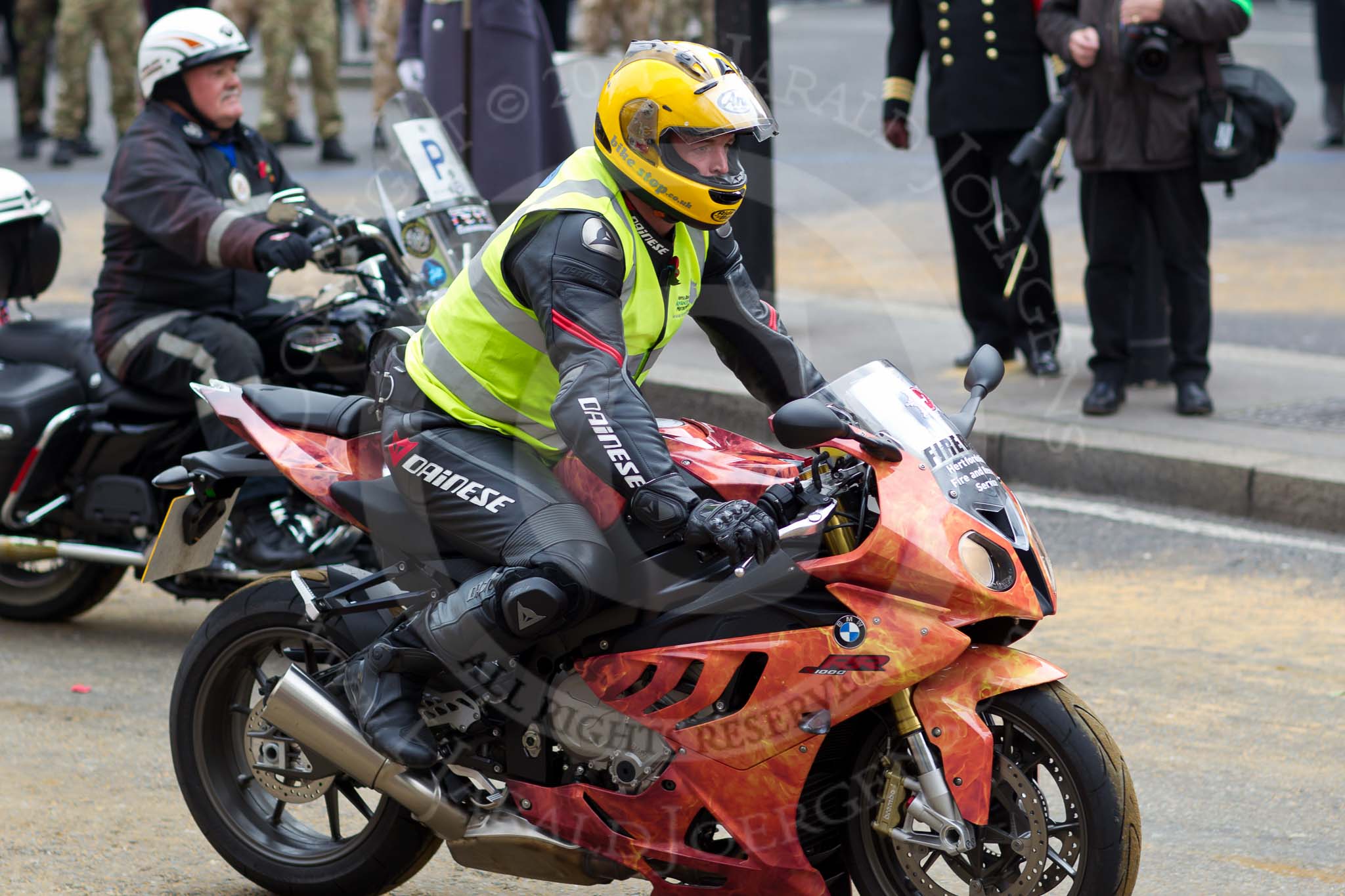 The Lord Mayor's Show 2011: Modern Livery Companies, here a Hertfordshire 'Firebike'..
Opposite Mansion House, City of London,
London,
-,
United Kingdom,
on 12 November 2011 at 11:43, image #453