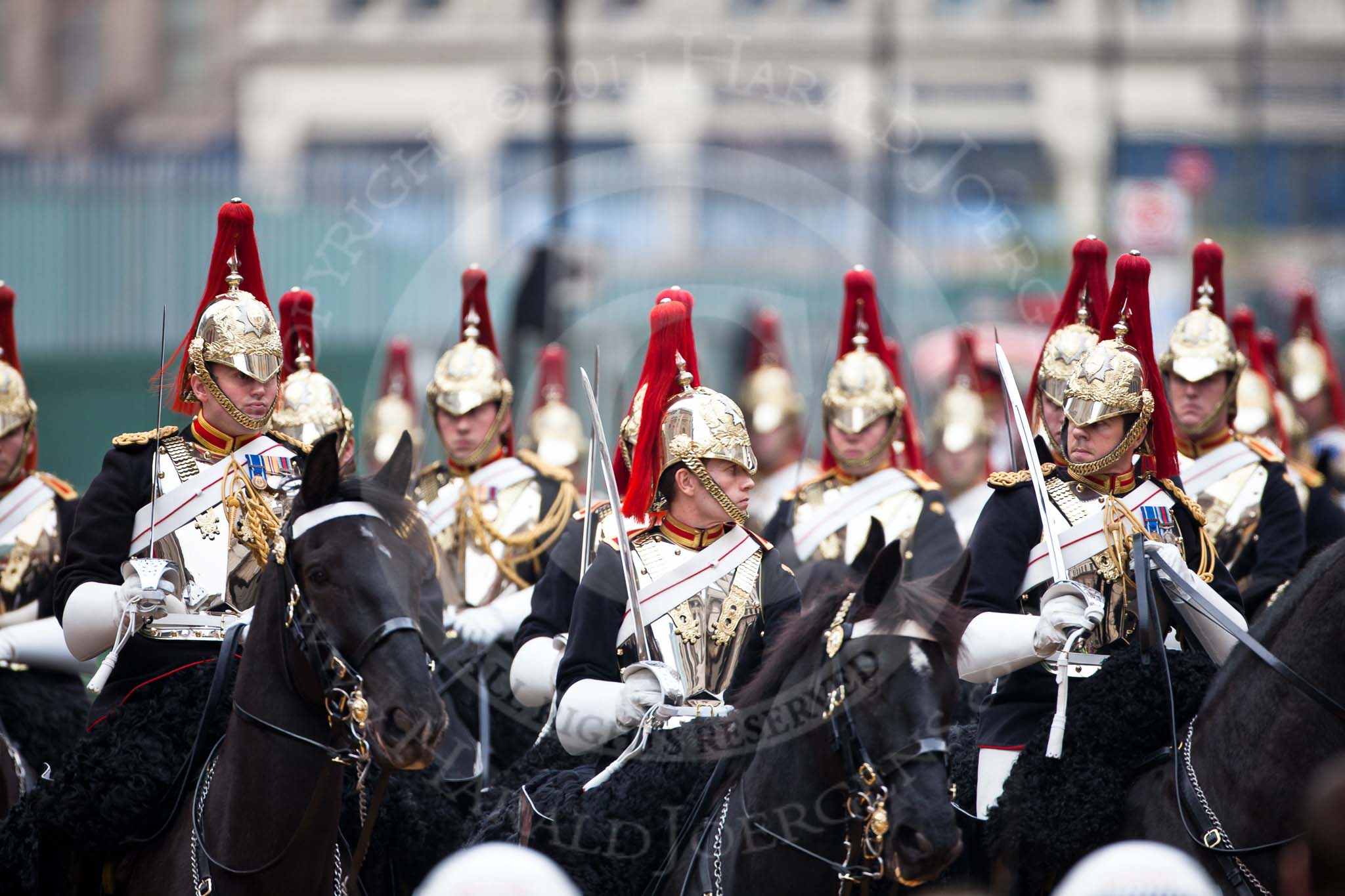 The Lord Mayor's Show 2011: The Blues and Royals, Mounted Squadron, Household Regiment,  the escort to the new Lord mayor..
Opposite Mansion House, City of London,
London,
-,
United Kingdom,
on 12 November 2011 at 12:16, image #752