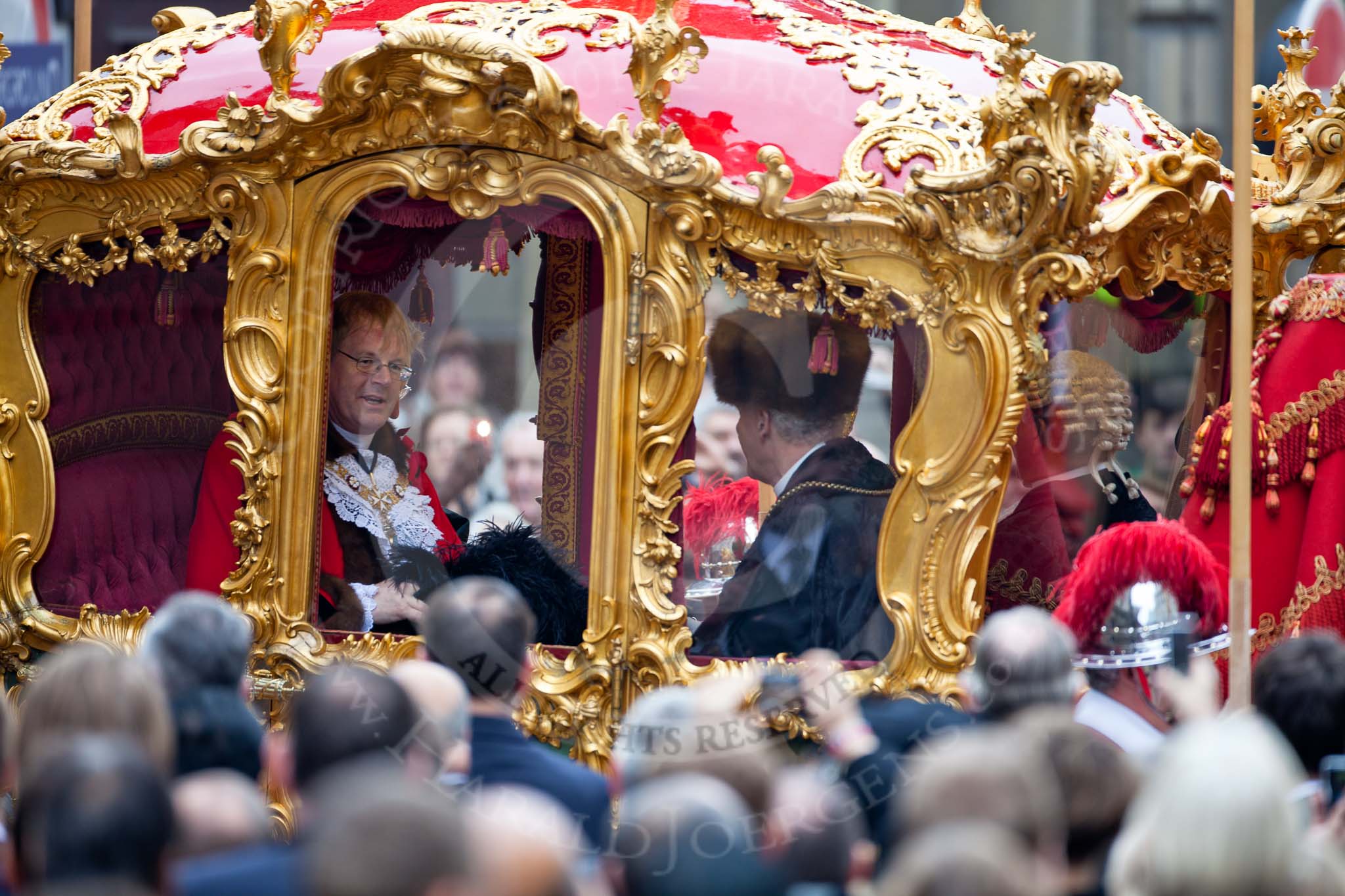 The Lord Mayor's Show 2011: The new Lord Mayor, David Wootton, in the golden state coach that is about to carry him to St Pauls Catherdral..
Opposite Mansion House, City of London,
London,
-,
United Kingdom,
on 12 November 2011 at 12:18, image #757