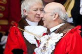 The Lord Mayor's Show 2011: The outgoing Lord Mayor, Michael Bear. 
Behind: Wendy Mead, Non-Aldermanic Sheriff at the Old Bailey, on the balcony of Mansion House..
Opposite Mansion House, City of London,
London,
-,
United Kingdom,
on 12 November 2011 at 11:23, image #246