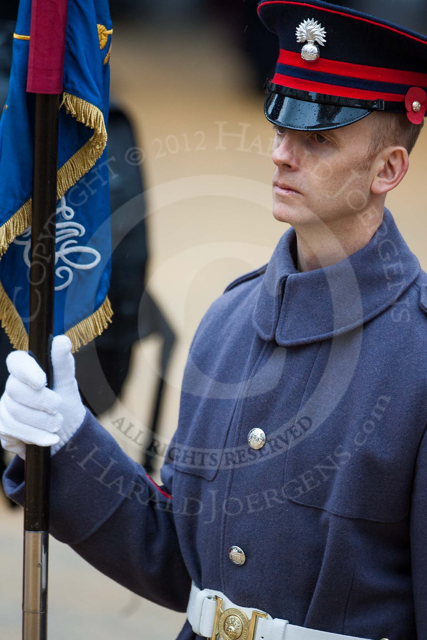 Lord Mayor's Show 2012: Carrying the Colour of the HAC Regiment, Lieutenant Greg Hall (sp?)..
Press stand opposite Mansion House, City of London,
London,
Greater London,
United Kingdom,
on 10 November 2012 at 10:19, image #60