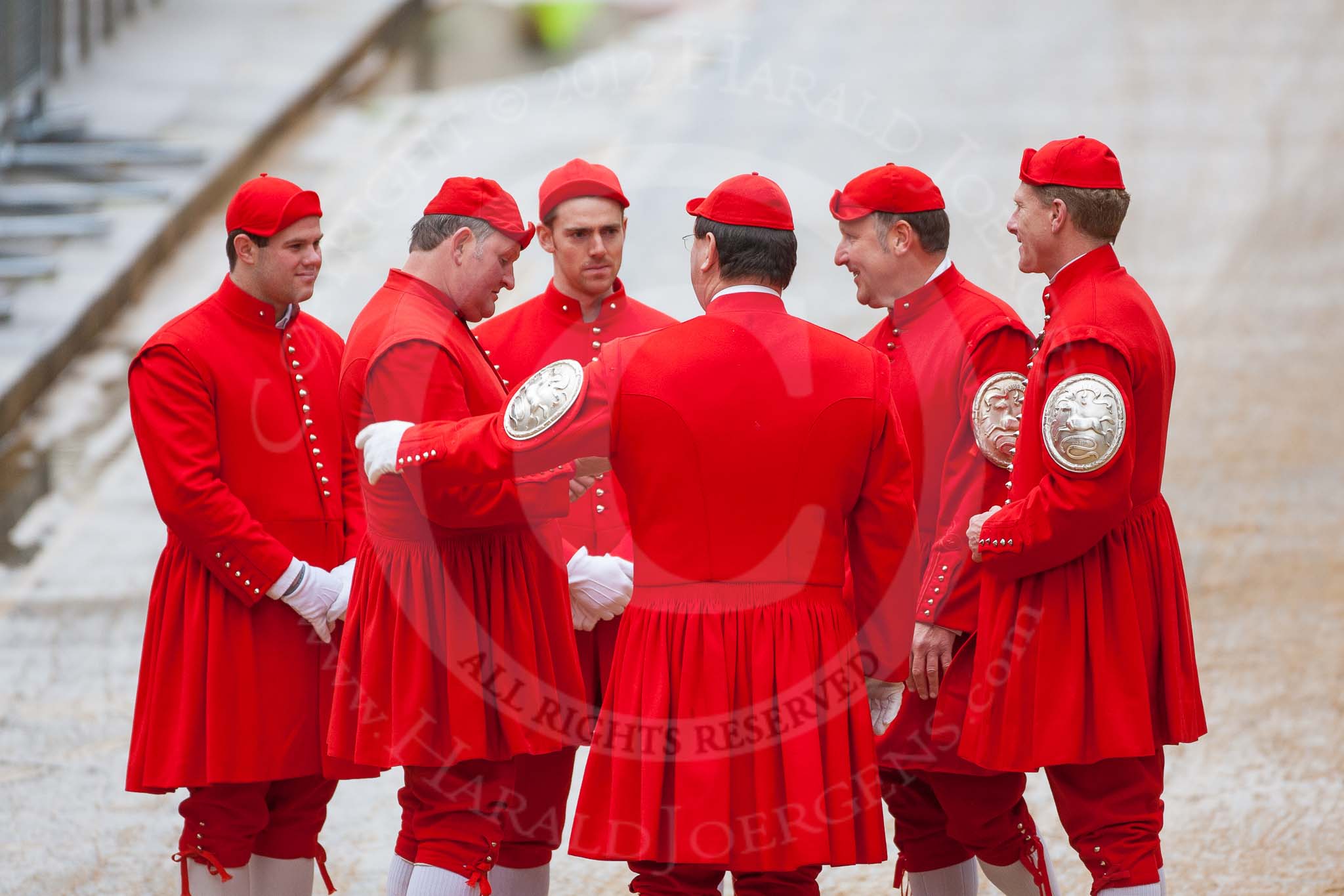 Lord Mayor's Show 2012: Thames Watermen in their red Dogget's Coat and Badge..
Press stand opposite Mansion House, City of London,
London,
Greater London,
United Kingdom,
on 10 November 2012 at 10:44, image #108