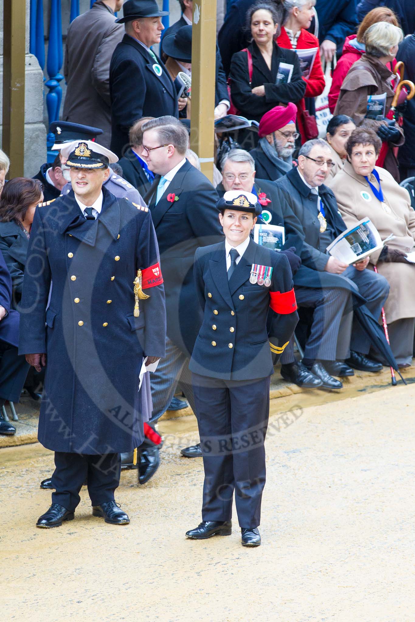 Lord Mayor's Show 2012: A Royal Navy Commander and a Lieutenant acting as Marshalls at the event..
Press stand opposite Mansion House, City of London,
London,
Greater London,
United Kingdom,
on 10 November 2012 at 10:45, image #111