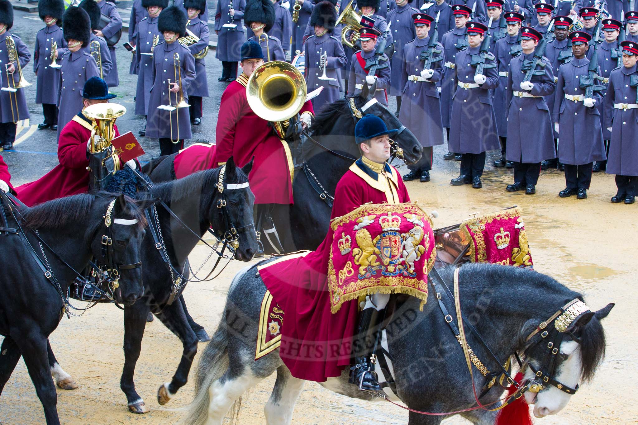 Lord Mayor's Show 2012: Household Cavalry kettle drummer and musicians leading the way for the Lord Mayor..
Press stand opposite Mansion House, City of London,
London,
Greater London,
United Kingdom,
on 10 November 2012 at 10:48, image #118