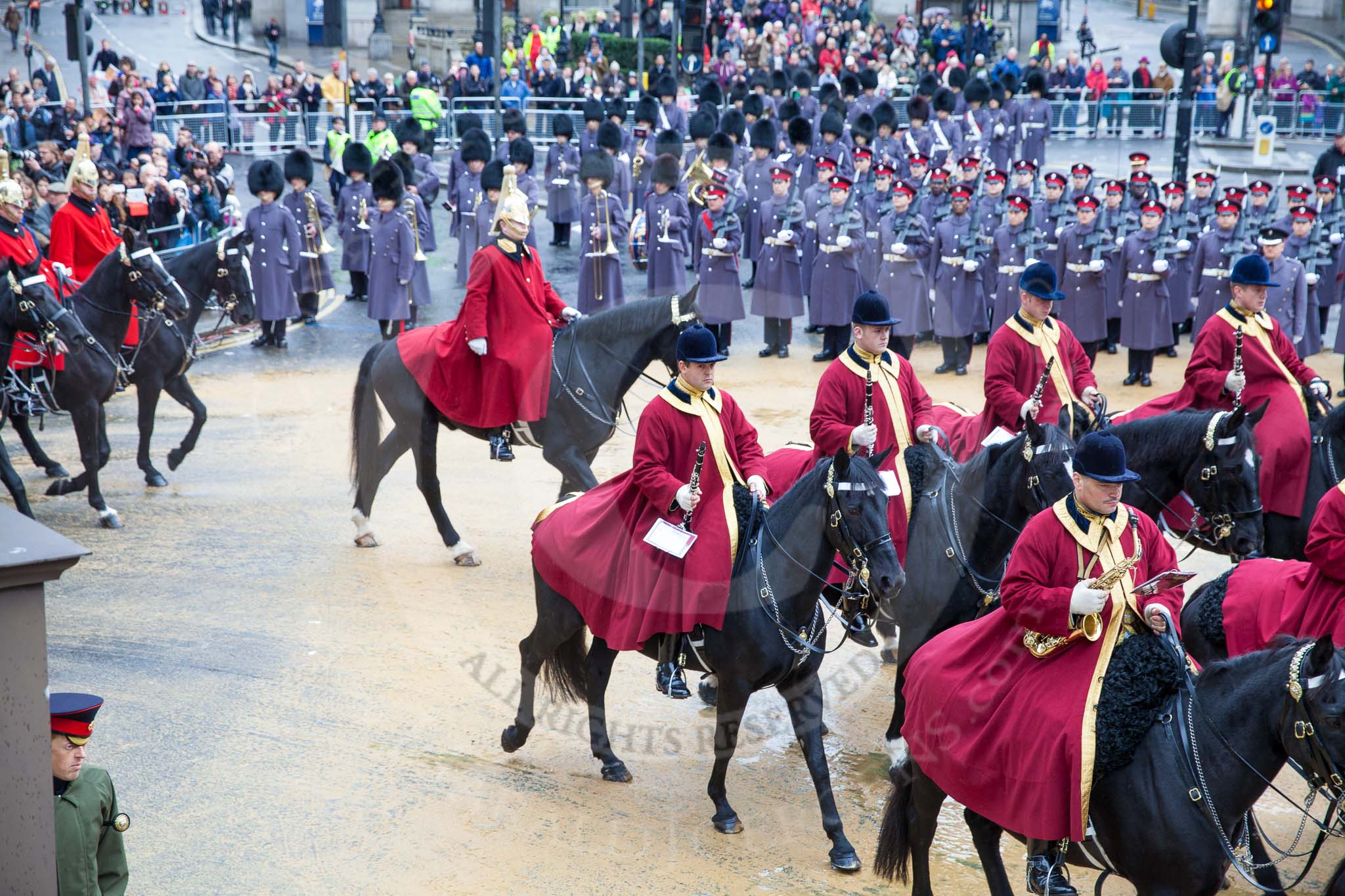 Lord Mayor's Show 2012: Household Cavalry musicians leading the way for the Lord Mayor..
Press stand opposite Mansion House, City of London,
London,
Greater London,
United Kingdom,
on 10 November 2012 at 10:48, image #119