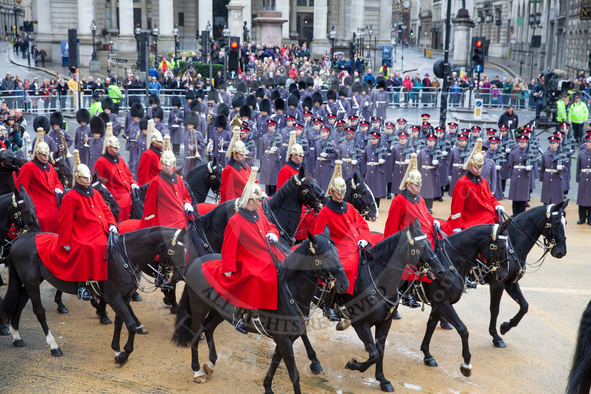 Lord Mayor's Show 2012: The Life Guards, Household Cavalry, leadng the way for the Lord Mayor..
Press stand opposite Mansion House, City of London,
London,
Greater London,
United Kingdom,
on 10 November 2012 at 10:48, image #120