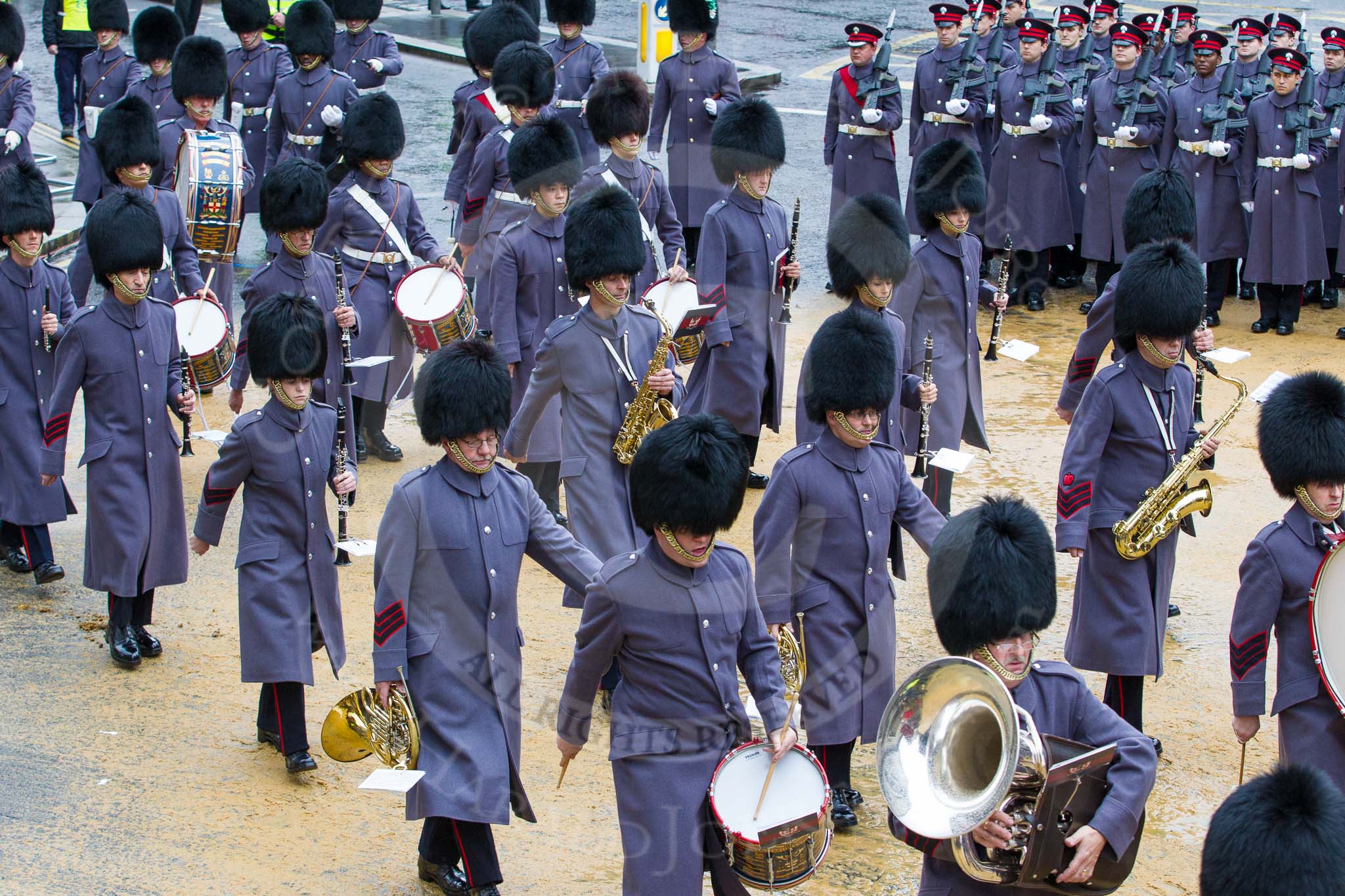 Lord Mayor's Show 2012: Entry 1, HAC, the Honourable Artillery Company, here the HAC Band leading the parade..
Press stand opposite Mansion House, City of London,
London,
Greater London,
United Kingdom,
on 10 November 2012 at 10:57, image #159