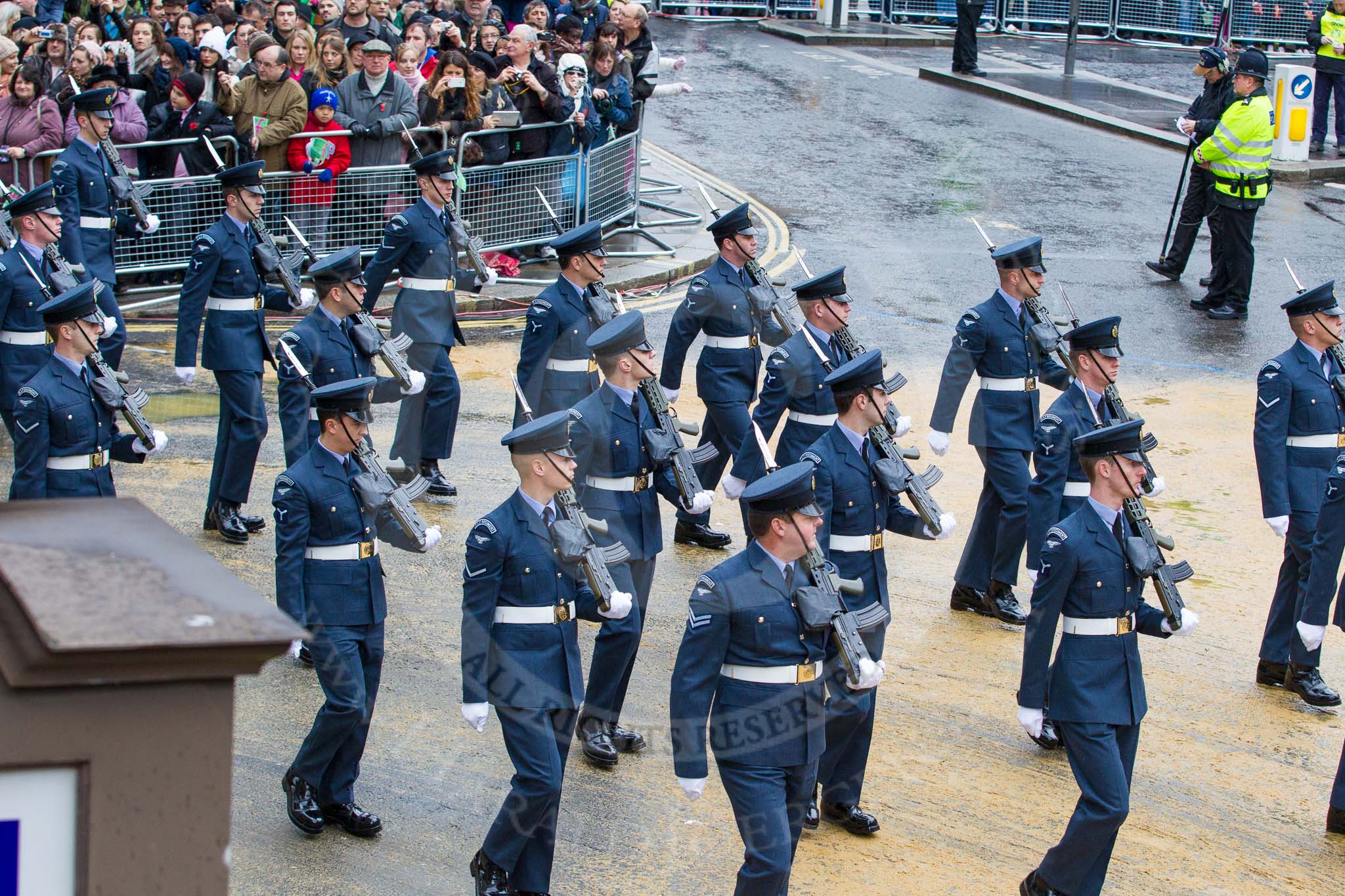 Lord Mayor's Show 2012: Entry 17 - Queen's Colour Squadron RAF..
Press stand opposite Mansion House, City of London,
London,
Greater London,
United Kingdom,
on 10 November 2012 at 11:07, image #332