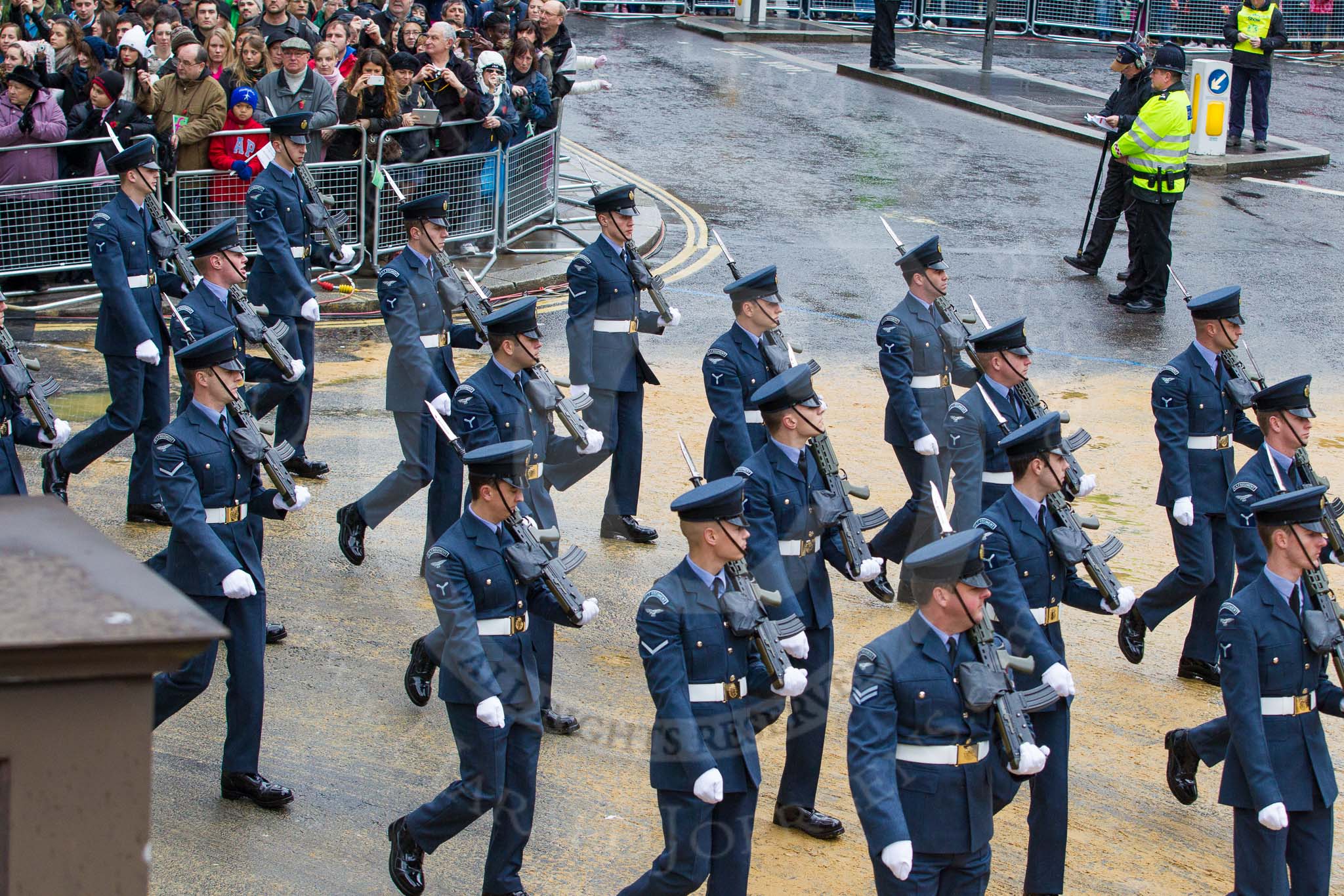 Lord Mayor's Show 2012: Entry 17 - Queen's Colour Squadron RAF..
Press stand opposite Mansion House, City of London,
London,
Greater London,
United Kingdom,
on 10 November 2012 at 11:07, image #333