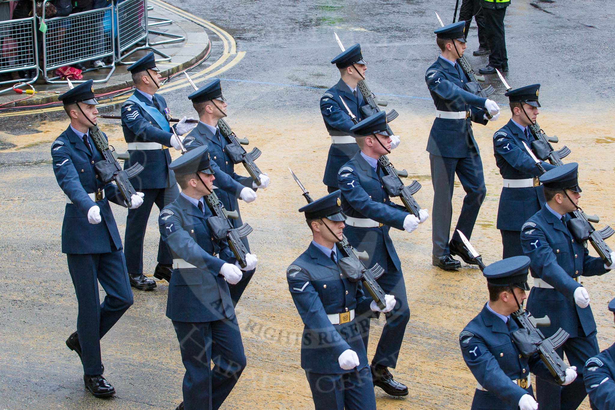 Lord Mayor's Show 2012: Entry 17 - Queen's Colour Squadron RAF..
Press stand opposite Mansion House, City of London,
London,
Greater London,
United Kingdom,
on 10 November 2012 at 11:07, image #335