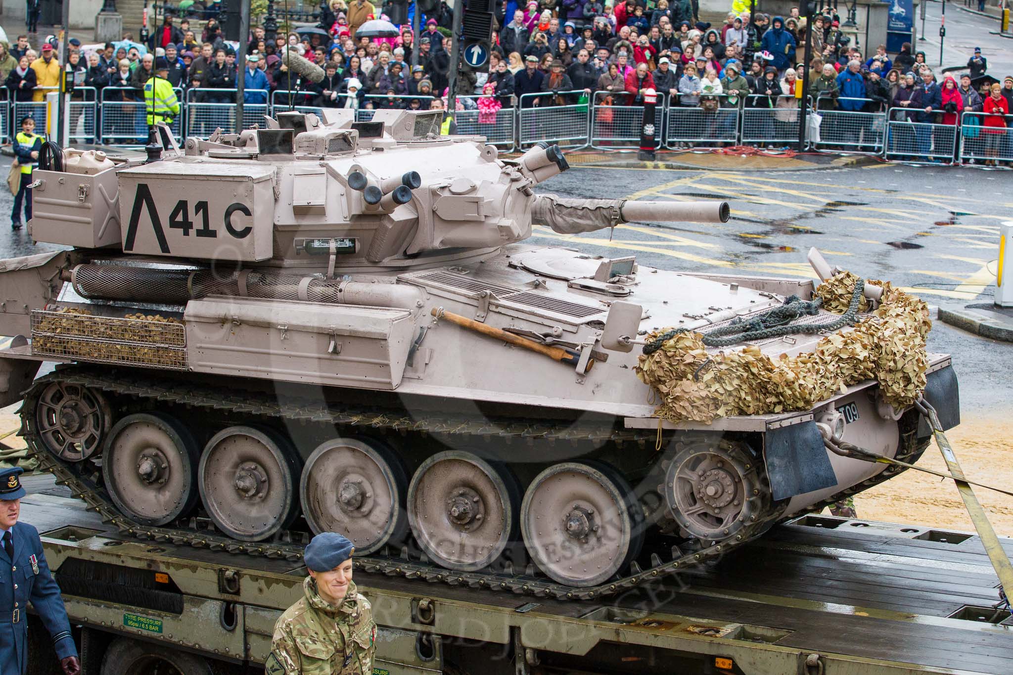 Lord Mayor's Show 2012: Entry 18 - RAF, the Royal Air Force, with a Scorion Reconnaissance Vehicle on a low loader..
Press stand opposite Mansion House, City of London,
London,
Greater London,
United Kingdom,
on 10 November 2012 at 11:07, image #340