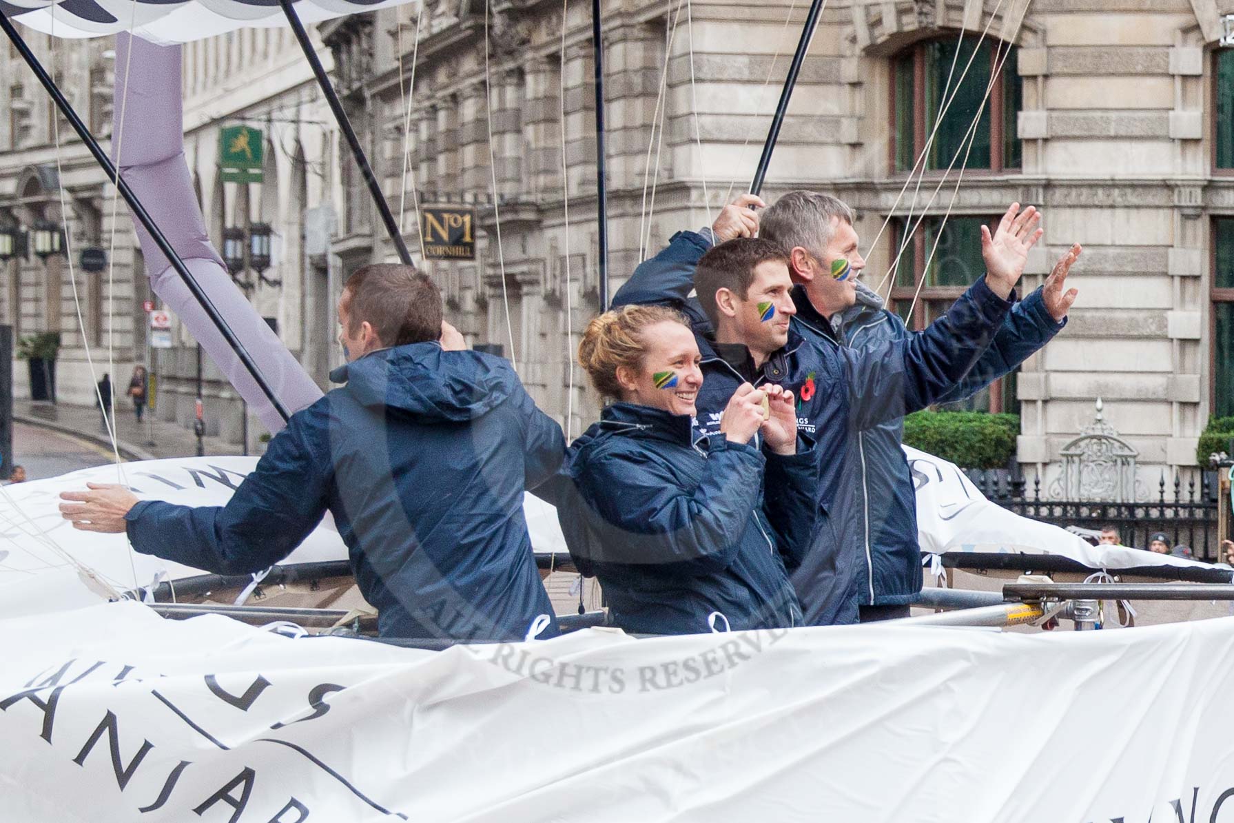 Lord Mayor's Show 2012: Entry 22 - Wings of Kilimanjaro - paraglider pi;ots about to fly from Mt Kilimanjaro for charity..
Press stand opposite Mansion House, City of London,
London,
Greater London,
United Kingdom,
on 10 November 2012 at 11:10, image #383