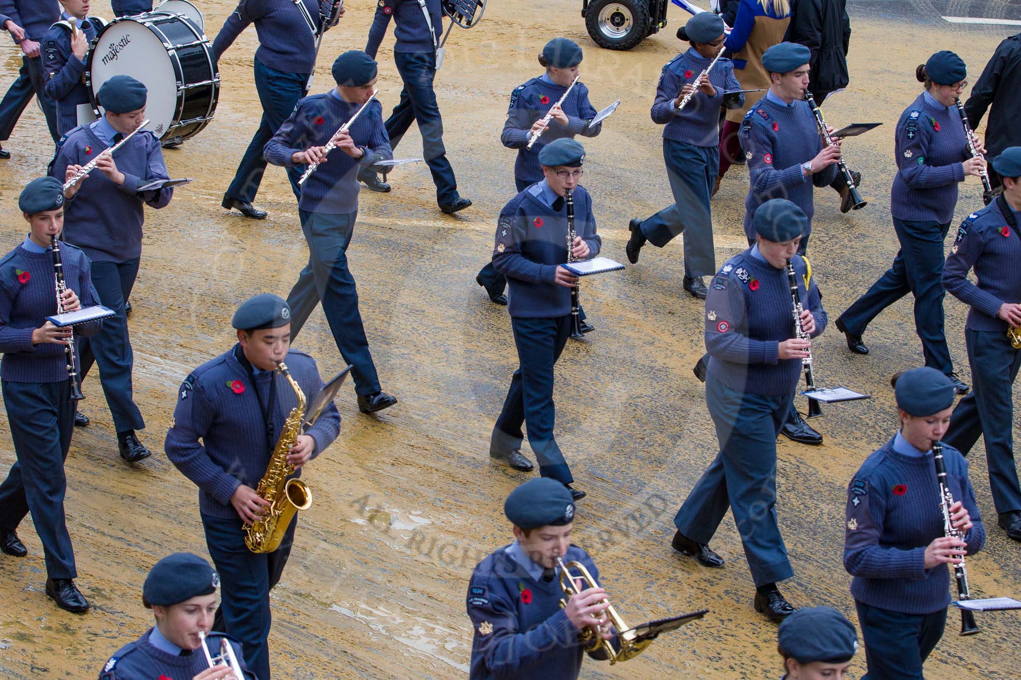 Lord Mayor's Show 2012: Entry 23 - Air Training Corps Band, RAF Cadets from the London and South East Region (LASER) of Air Cadets..
Press stand opposite Mansion House, City of London,
London,
Greater London,
United Kingdom,
on 10 November 2012 at 11:10, image #391