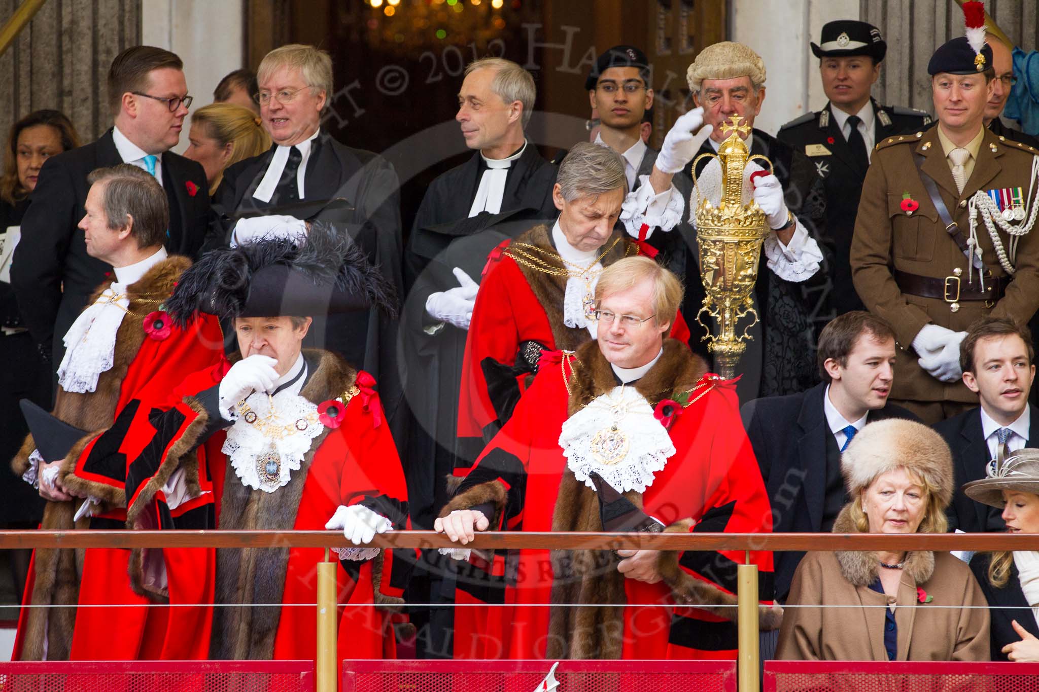 Lord Mayor's Show 2012: The Lord Mayor, Alderman Roger Gifford, and the outgoing Lord Mayor, David Wootton, on the balcony of Mansion House..
Press stand opposite Mansion House, City of London,
London,
Greater London,
United Kingdom,
on 10 November 2012 at 11:11, image #436