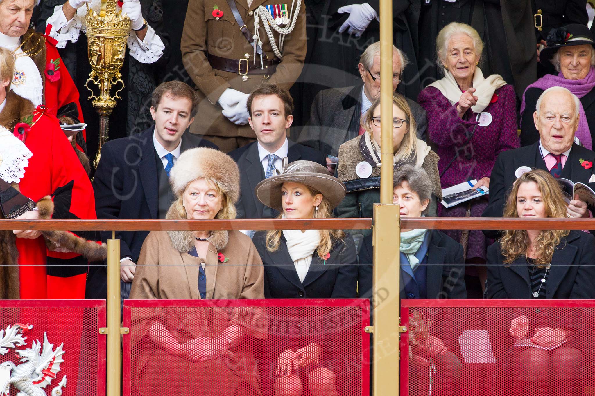 Lord Mayor's Show 2012: The outgoing Lady Mayoress, Liz Wootton,  with Sophie Wootton, and James Wootton, and Christopher Wootton behind..
Press stand opposite Mansion House, City of London,
London,
Greater London,
United Kingdom,
on 10 November 2012 at 11:11, image #437