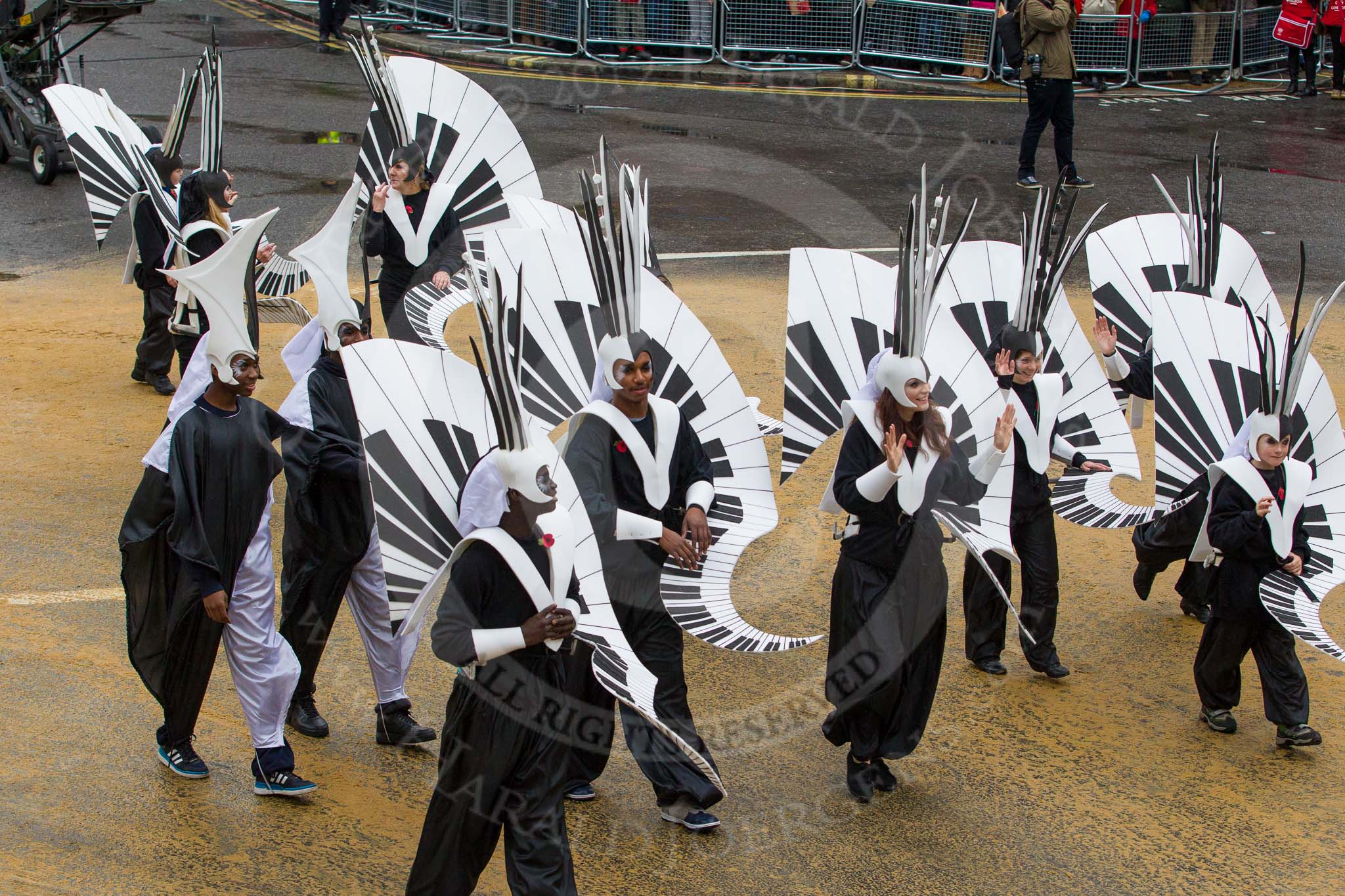 Lord Mayor's Show 2012: Entry 30 - City of London Solicitors' Company with giant musical notes and intruments..
Press stand opposite Mansion House, City of London,
London,
Greater London,
United Kingdom,
on 10 November 2012 at 11:13, image #483