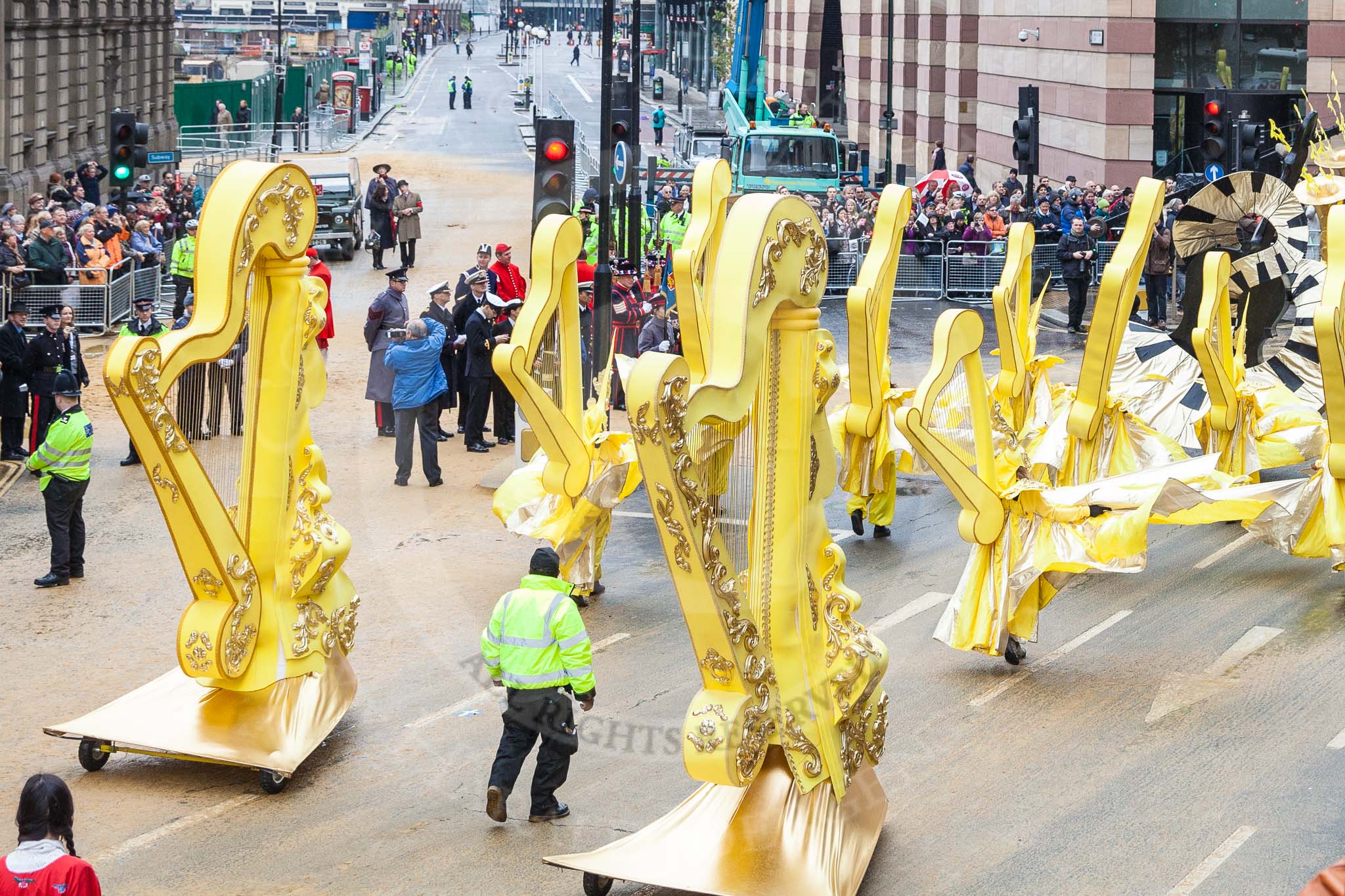 Lord Mayor's Show 2012: Entry 30 - City of London Solicitors' Company with giant musical notes and intruments..
Press stand opposite Mansion House, City of London,
London,
Greater London,
United Kingdom,
on 10 November 2012 at 11:14, image #507