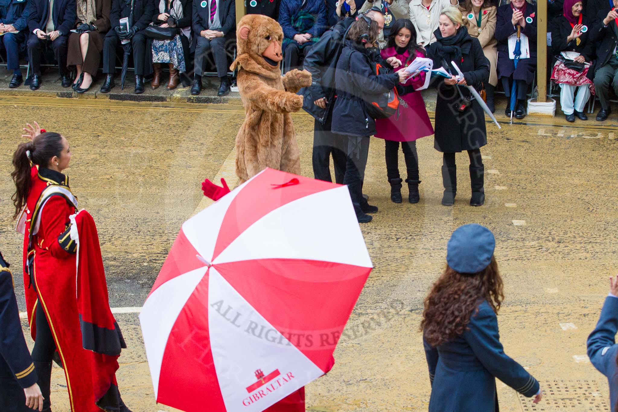 Lord Mayor's Show 2012: Entry 41 - Gibraltar, Gibraltarian students depicting the three main pillars of Gibraltar's economy: tourism, port activities, and finance..
Press stand opposite Mansion House, City of London,
London,
Greater London,
United Kingdom,
on 10 November 2012 at 11:17, image #587