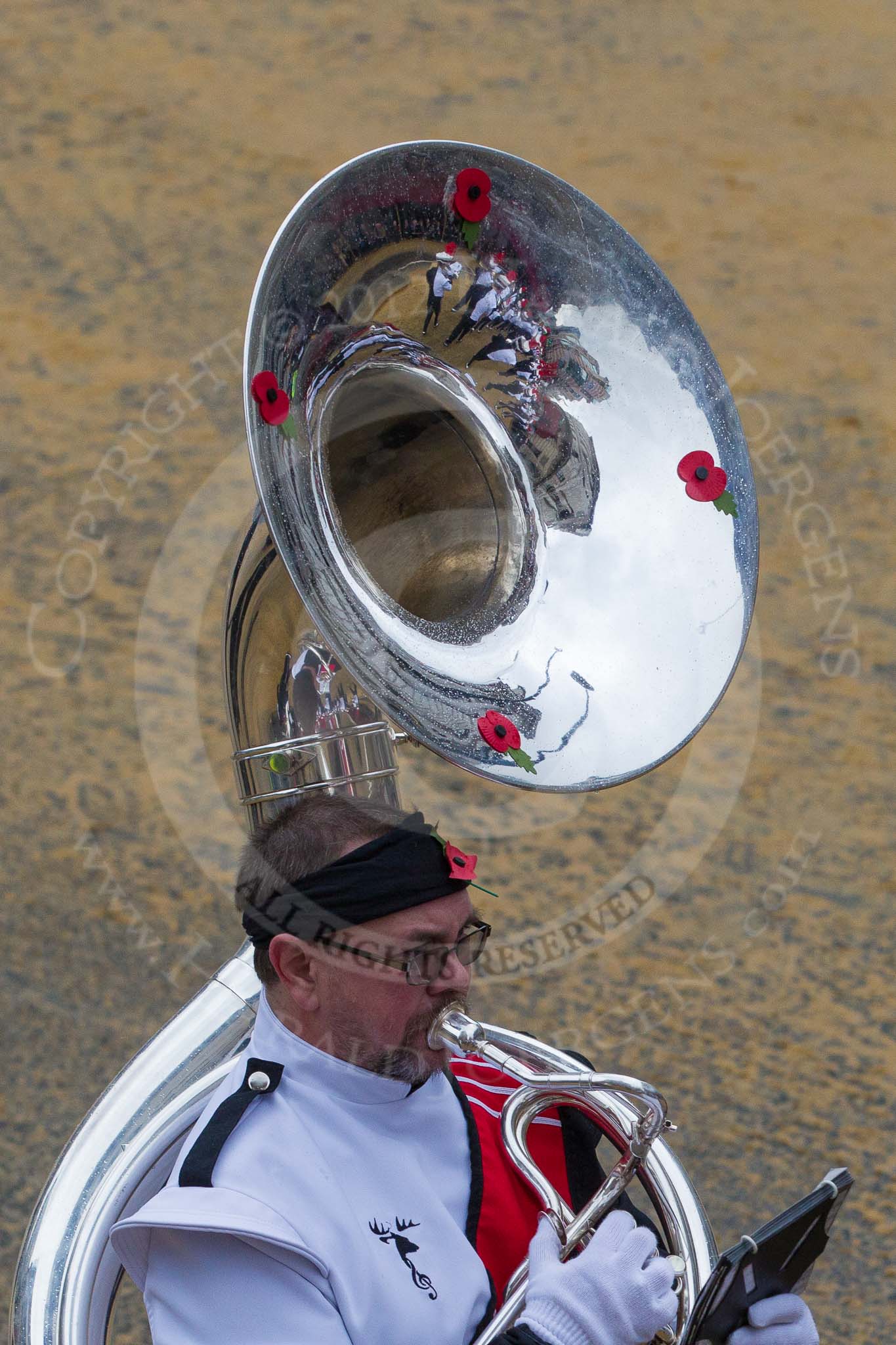 Photo 1211101118321D45874HaraldJoergens Lord Mayor's Show 2012: Entry 42 - The Hertfordshire Showband’s Kevin Clark playing the Sousaphone at the Lord Mayor’s Show..
Press stand opposite Mansion House, City of London,
London,
Greater London,
United Kingdom,
on 10 November 2012 at 11:18, image #600