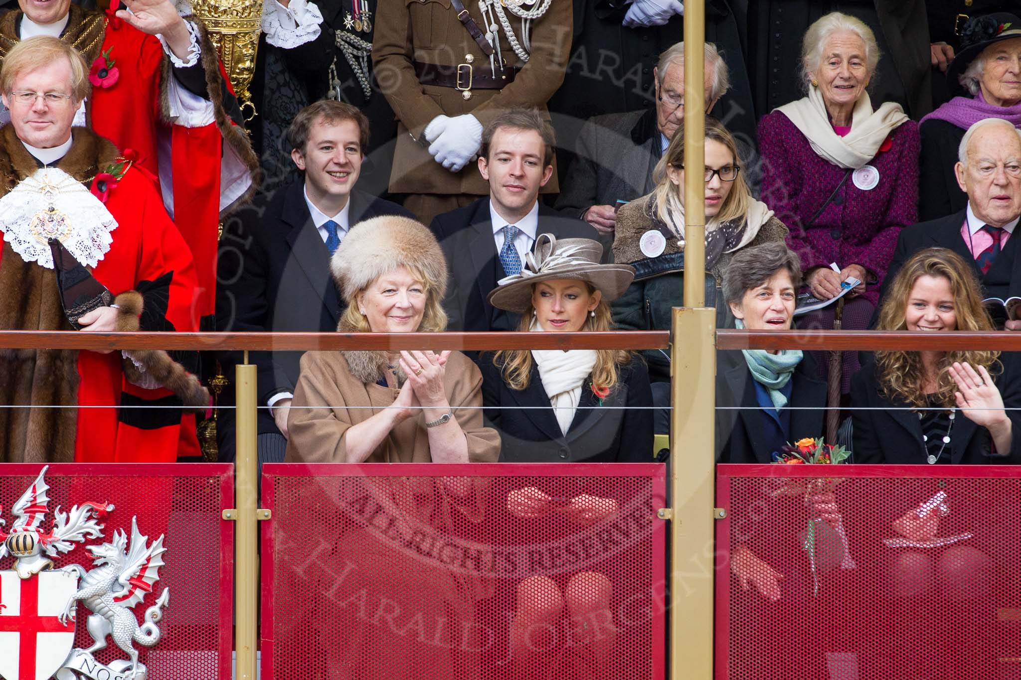 Lord Mayor's Show 2012: The outgoing Lord Mayor, David Wootton, the outgoing Lady Mayoress, Liz Wootton, Sophie Wootton, and James and Christopher Wootton behind..
Press stand opposite Mansion House, City of London,
London,
Greater London,
United Kingdom,
on 10 November 2012 at 11:19, image #621