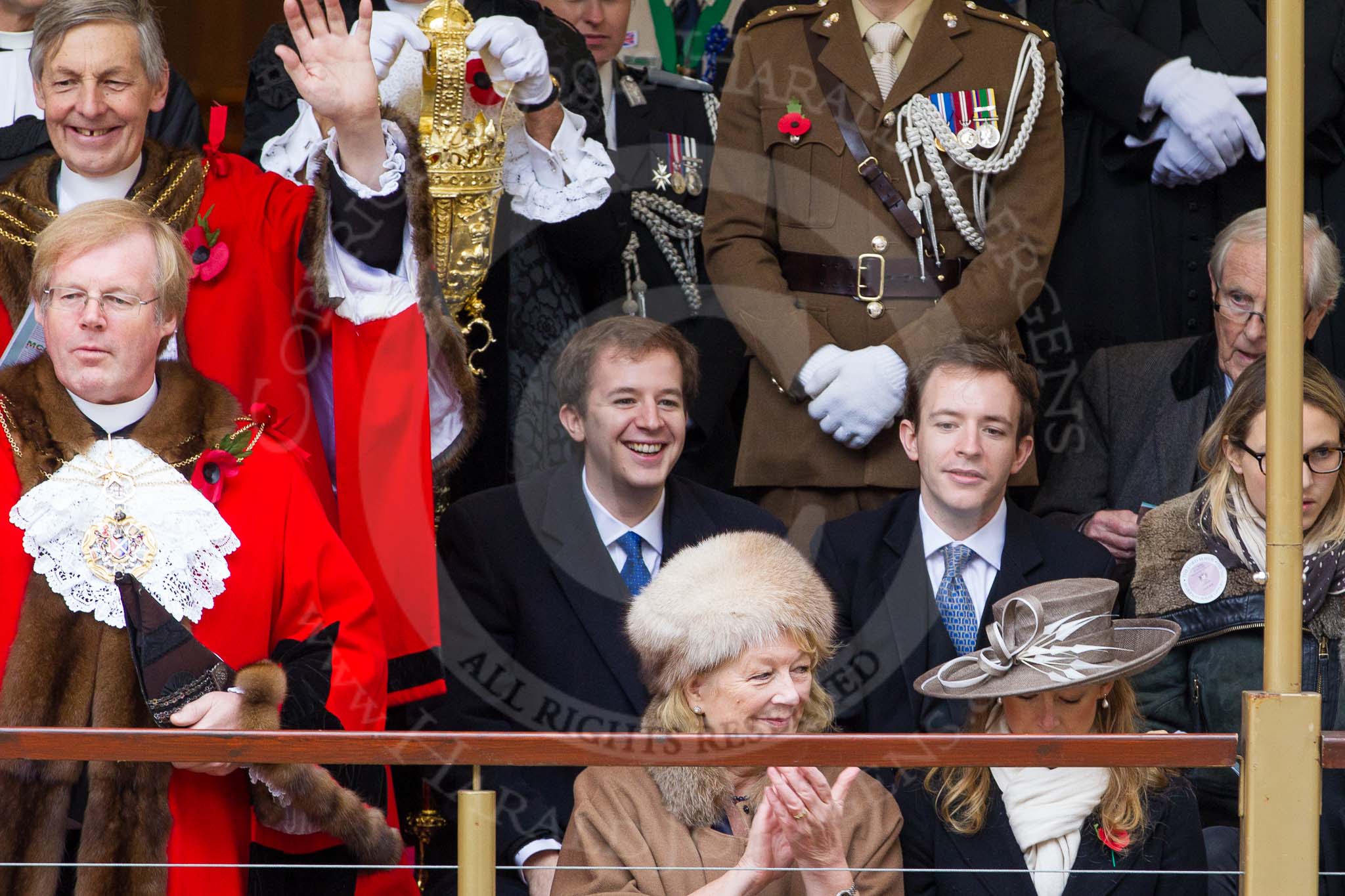 Photo 1211101119381D45915HaraldJoergens Lord Mayor's Show 2012: The outgoing Lord Mayor, David Wootton, the outgoing Lady Mayoress, Liz Wootton, Sophie Wootton, and James and Christopher Wootton behind..
Press stand opposite Mansion House, City of London,
London,
Greater London,
United Kingdom,
on 10 November 2012 at 11:19, image #622