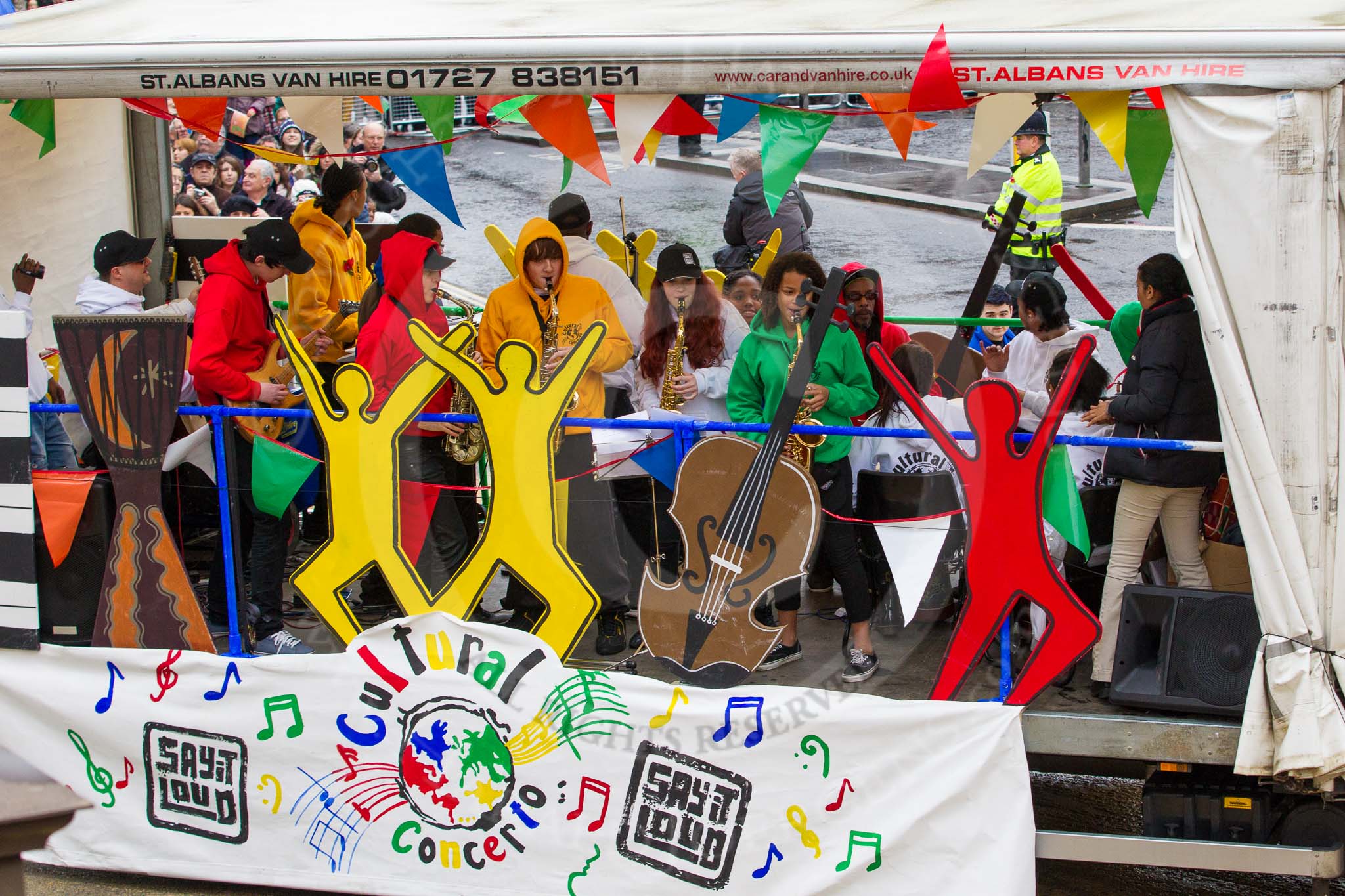 Lord Mayor's Show 2012: Entry 47 - Say It Loud’s Cultural Concerto, a community interest company..
Press stand opposite Mansion House, City of London,
London,
Greater London,
United Kingdom,
on 10 November 2012 at 11:20, image #646