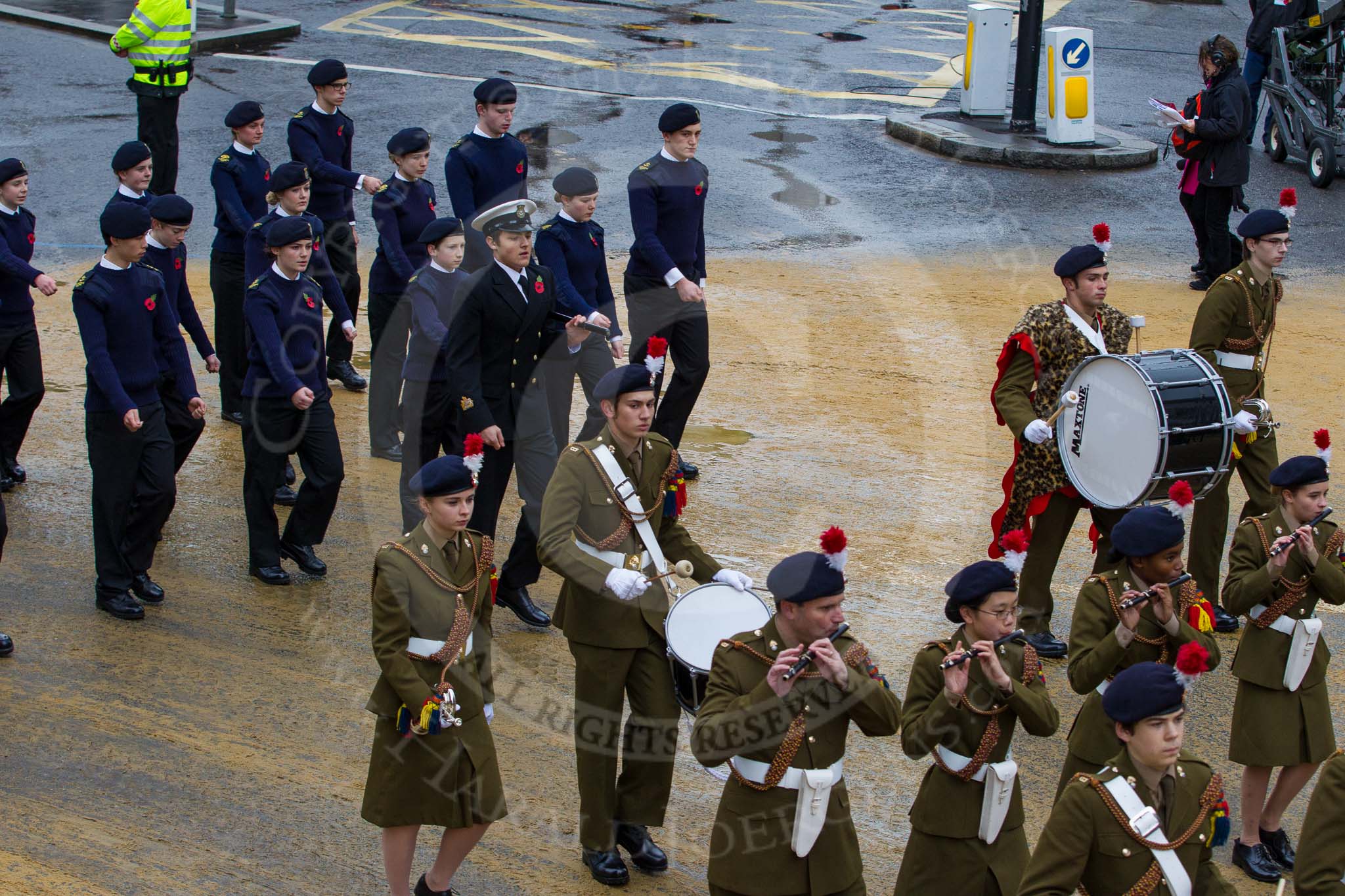 Lord Mayor's Show 2012: Entry 54 - St Dunstan’s CCF Band - the St Dunstan 's College Combined Cadet Force..
Press stand opposite Mansion House, City of London,
London,
Greater London,
United Kingdom,
on 10 November 2012 at 11:24, image #722