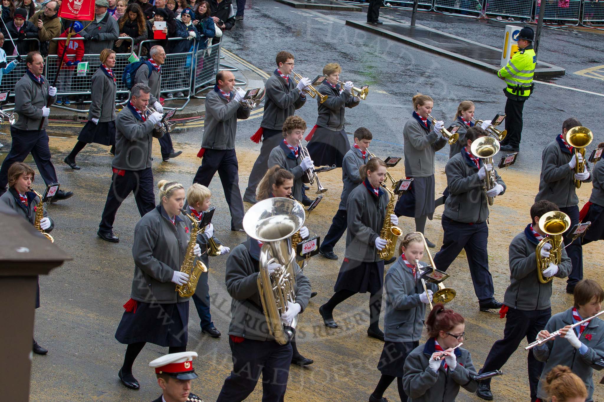 Lord Mayor's Show 2012: Entry 67 - Kingston & Malden Scout & Guide Band..
Press stand opposite Mansion House, City of London,
London,
Greater London,
United Kingdom,
on 10 November 2012 at 11:29, image #852