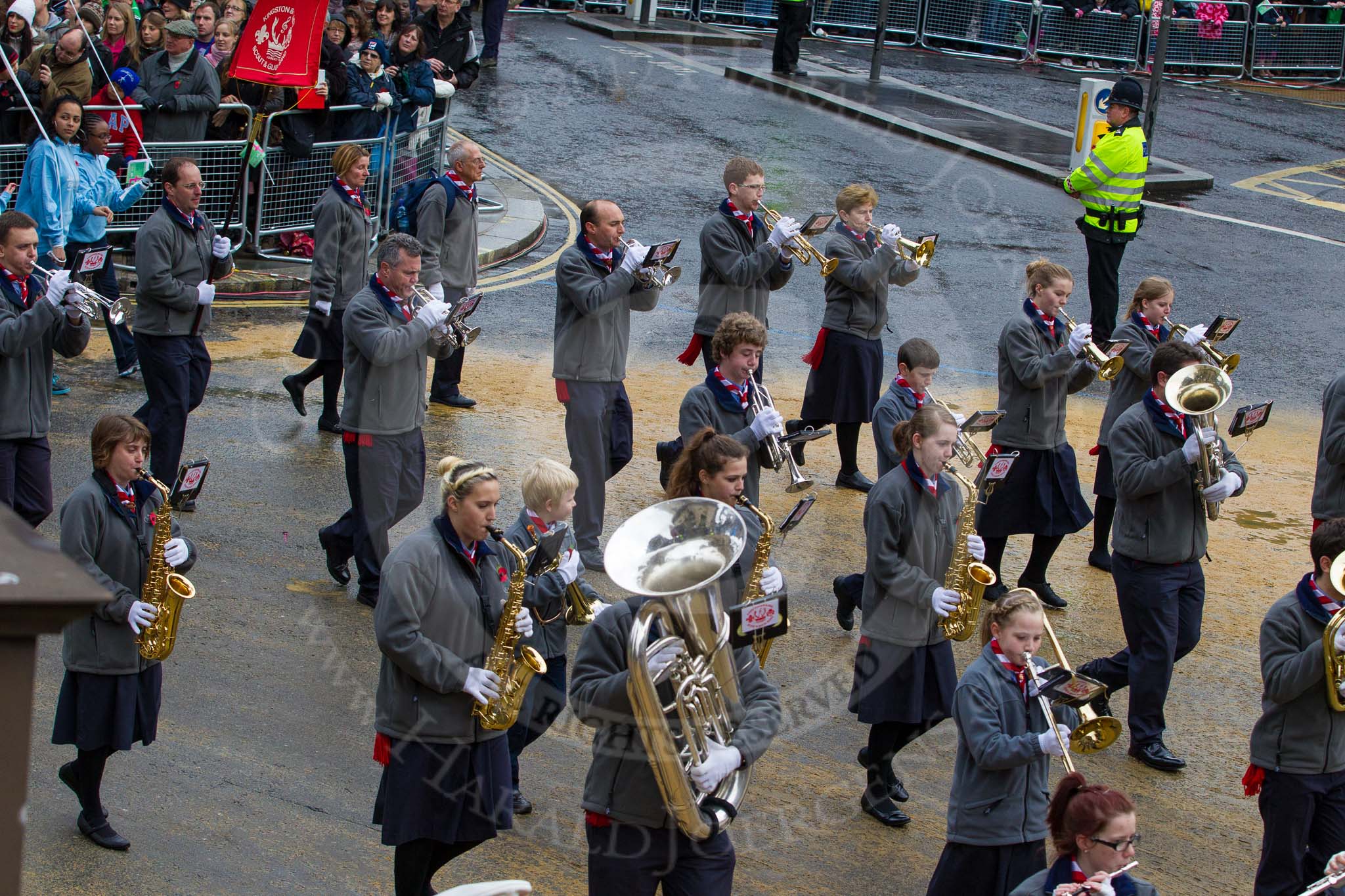 Lord Mayor's Show 2012: Entry 67 - Kingston & Malden Scout & Guide Band..
Press stand opposite Mansion House, City of London,
London,
Greater London,
United Kingdom,
on 10 November 2012 at 11:29, image #853