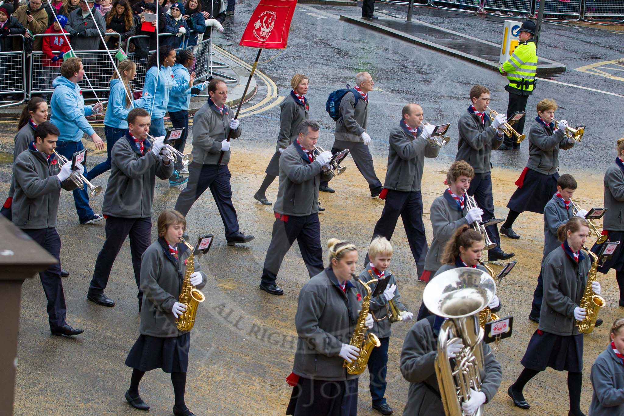 Lord Mayor's Show 2012: Entry 67 - Kingston & Malden Scout & Guide Band and 68 - Jack Petchey Foundation..
Press stand opposite Mansion House, City of London,
London,
Greater London,
United Kingdom,
on 10 November 2012 at 11:29, image #854