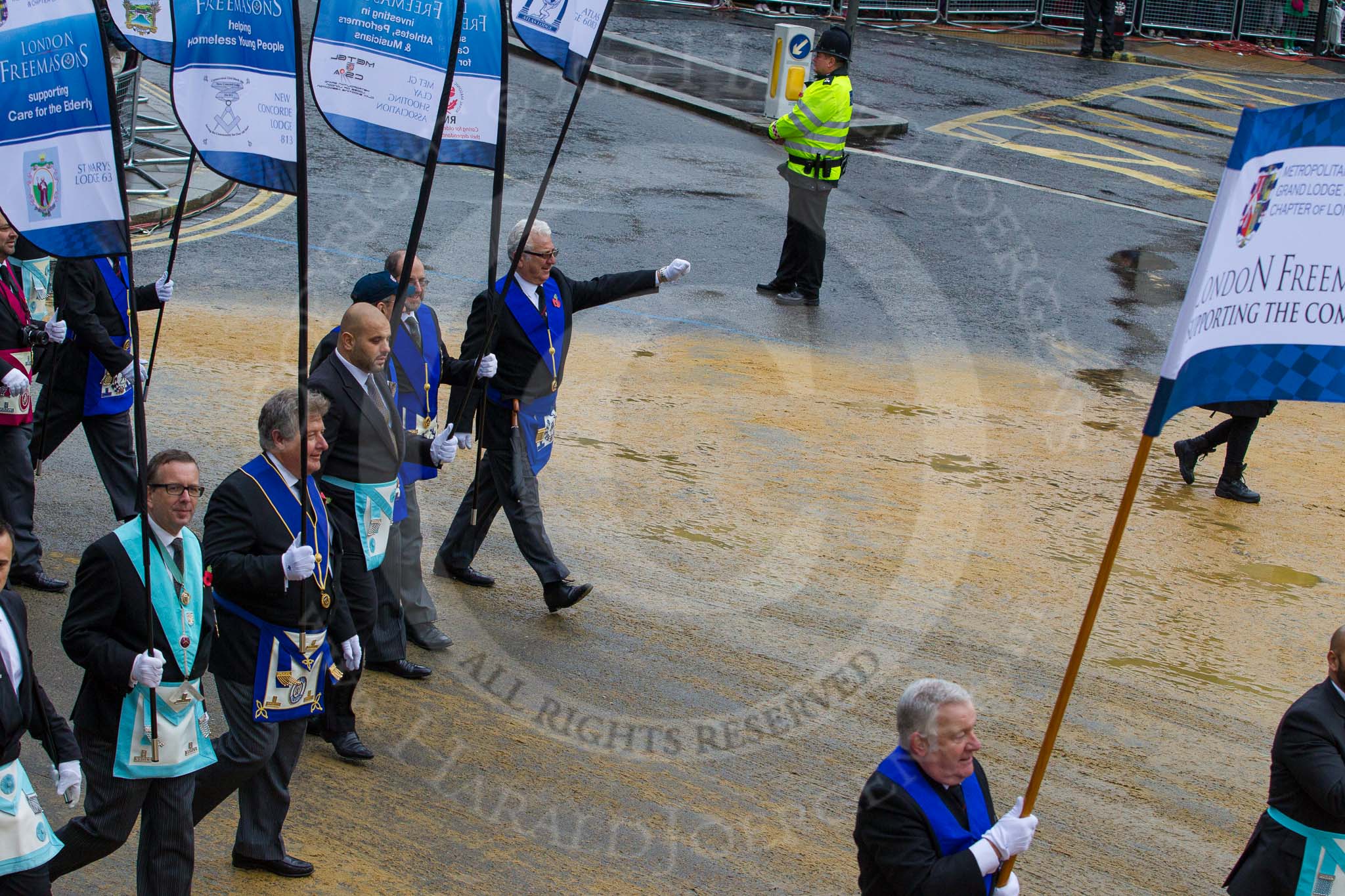 Lord Mayor's Show 2012: Entry 72 - Metropolitan Grand Lodge of London, London Freemasons..
Press stand opposite Mansion House, City of London,
London,
Greater London,
United Kingdom,
on 10 November 2012 at 11:31, image #896