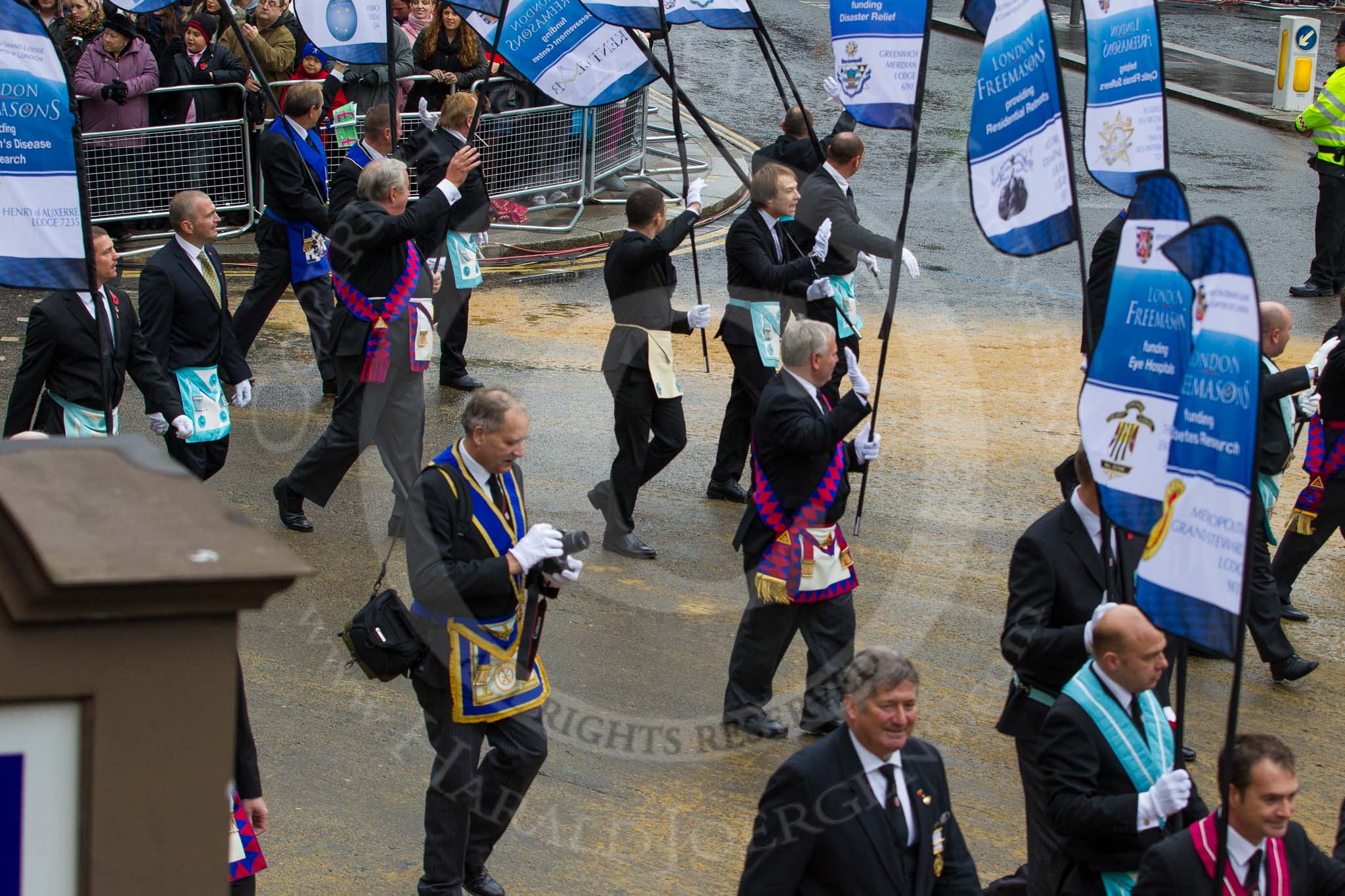 Lord Mayor's Show 2012: Entry 72 - Metropolitan Grand Lodge of London, London Freemasons..
Press stand opposite Mansion House, City of London,
London,
Greater London,
United Kingdom,
on 10 November 2012 at 11:31, image #904