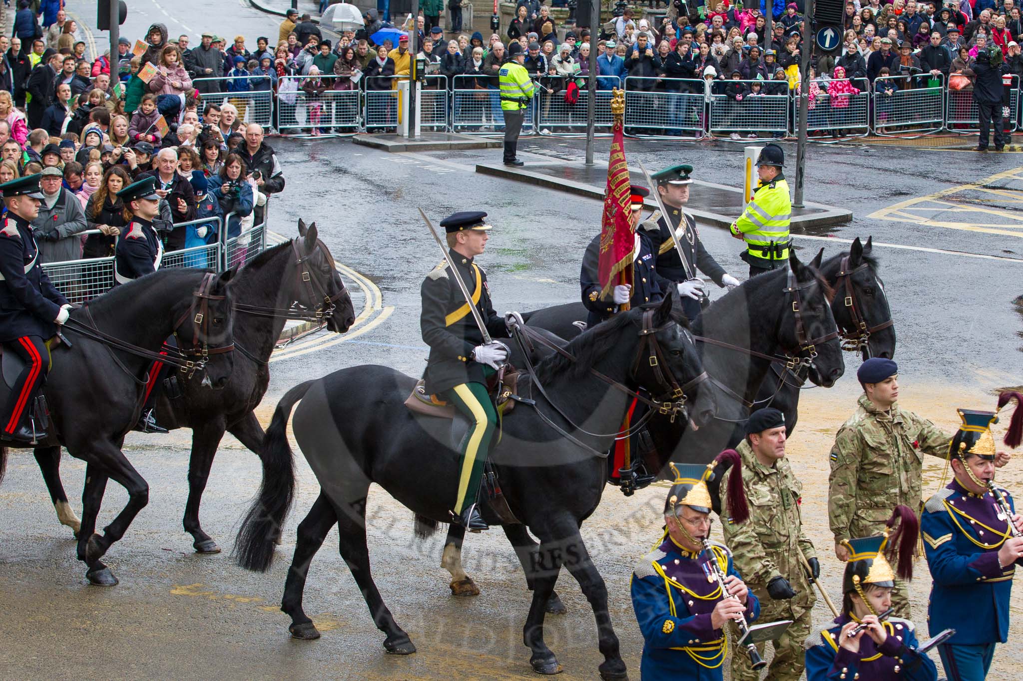 Lord Mayor's Show 2012: Entry 74 - The Band of The Royal Yeomanry (Inns of Court & City Yeomanry)..
Press stand opposite Mansion House, City of London,
London,
Greater London,
United Kingdom,
on 10 November 2012 at 11:32, image #934