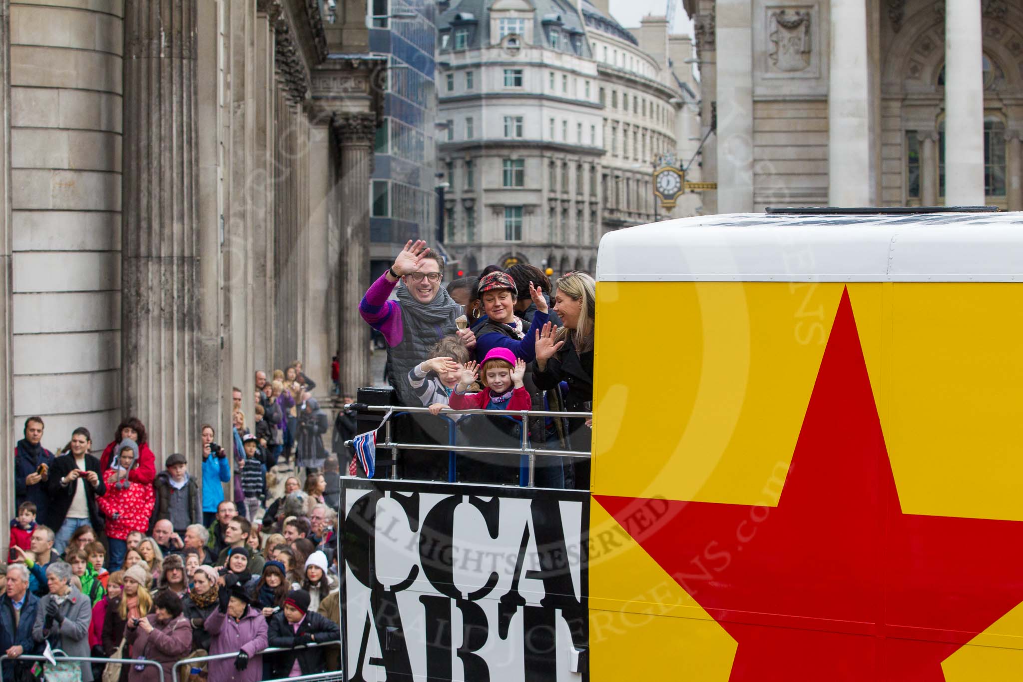 Lord Mayor's Show 2012: Entry 77 - CCA Art Bus Celebrating Peter Blake’s 80th Year..
Press stand opposite Mansion House, City of London,
London,
Greater London,
United Kingdom,
on 10 November 2012 at 11:34, image #972