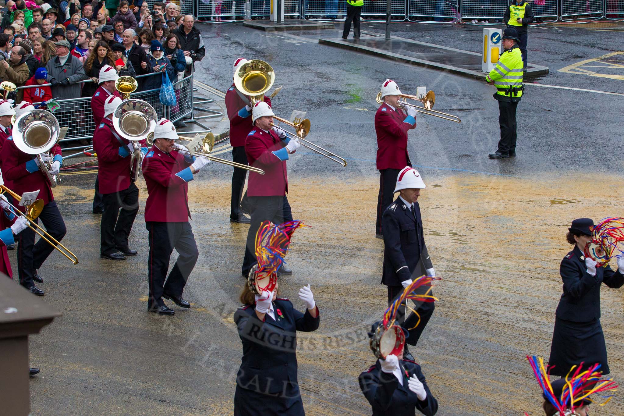 Lord Mayor's Show 2012: Entry 79 - Household Troops Band of the Salvation Army..
Press stand opposite Mansion House, City of London,
London,
Greater London,
United Kingdom,
on 10 November 2012 at 11:34, image #992