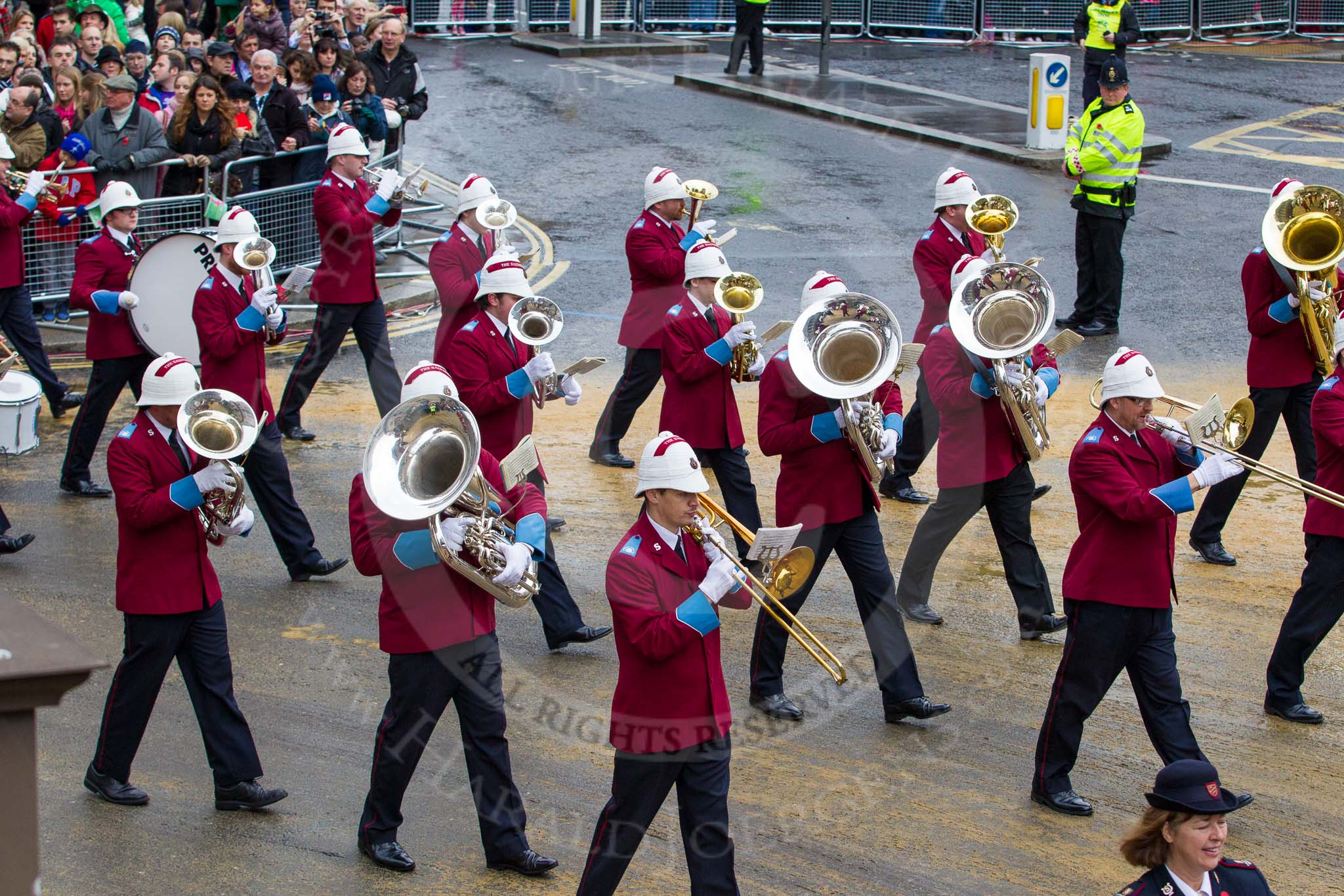 Lord Mayor's Show 2012: Entry 79 - Household Troops Band of the Salvation Army..
Press stand opposite Mansion House, City of London,
London,
Greater London,
United Kingdom,
on 10 November 2012 at 11:34, image #995