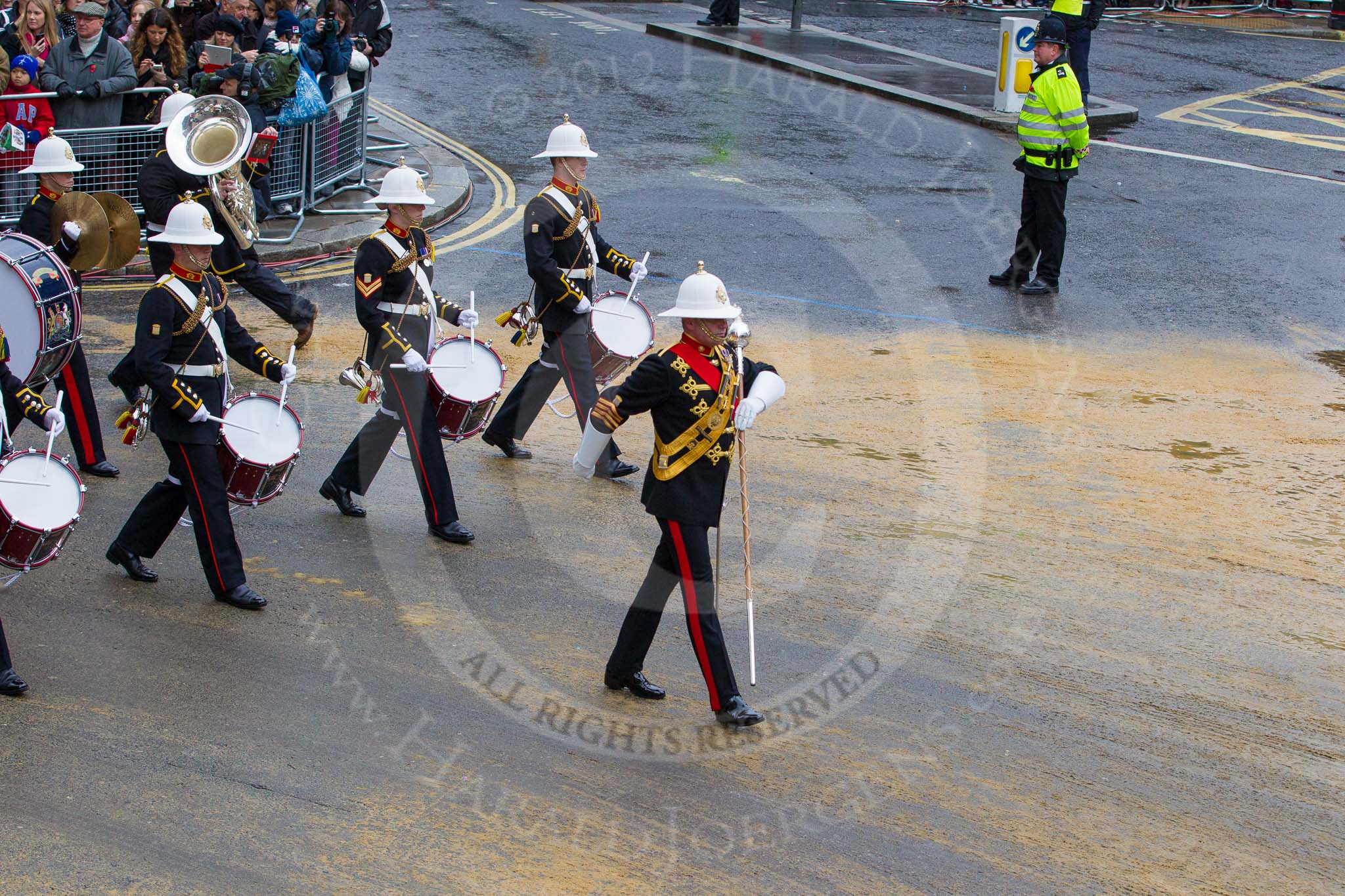 Lord Mayor's Show 2012: Entry 86 - Royal Marines Band (HMS Collingwood)..
Press stand opposite Mansion House, City of London,
London,
Greater London,
United Kingdom,
on 10 November 2012 at 11:38, image #1125