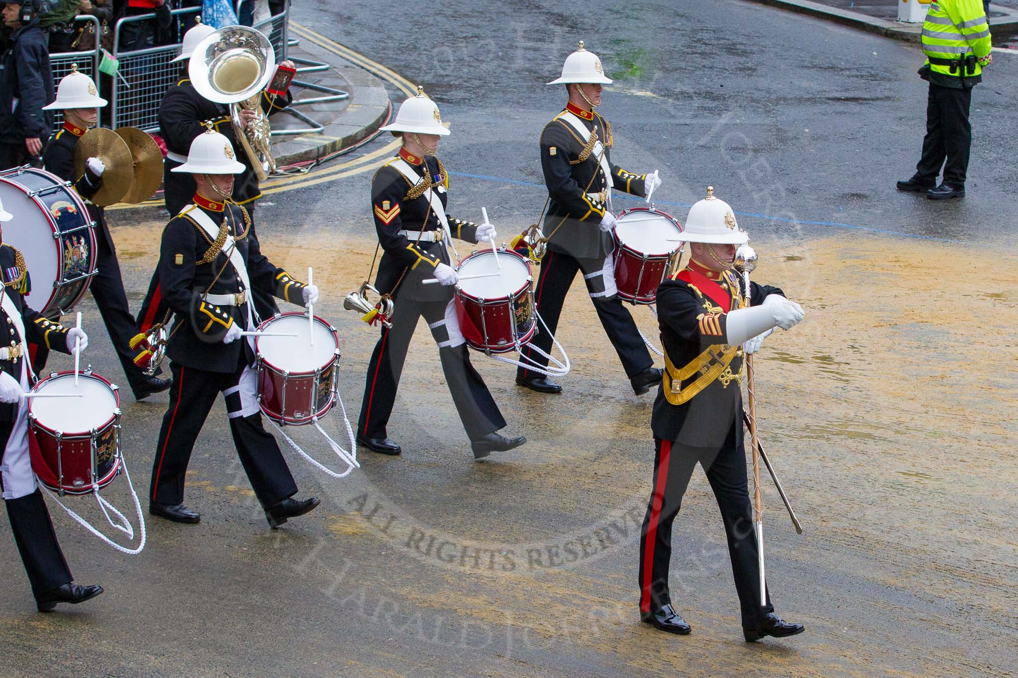 Lord Mayor's Show 2012: Entry 86 - Royal Marines Band (HMS Collingwood)..
Press stand opposite Mansion House, City of London,
London,
Greater London,
United Kingdom,
on 10 November 2012 at 11:38, image #1126