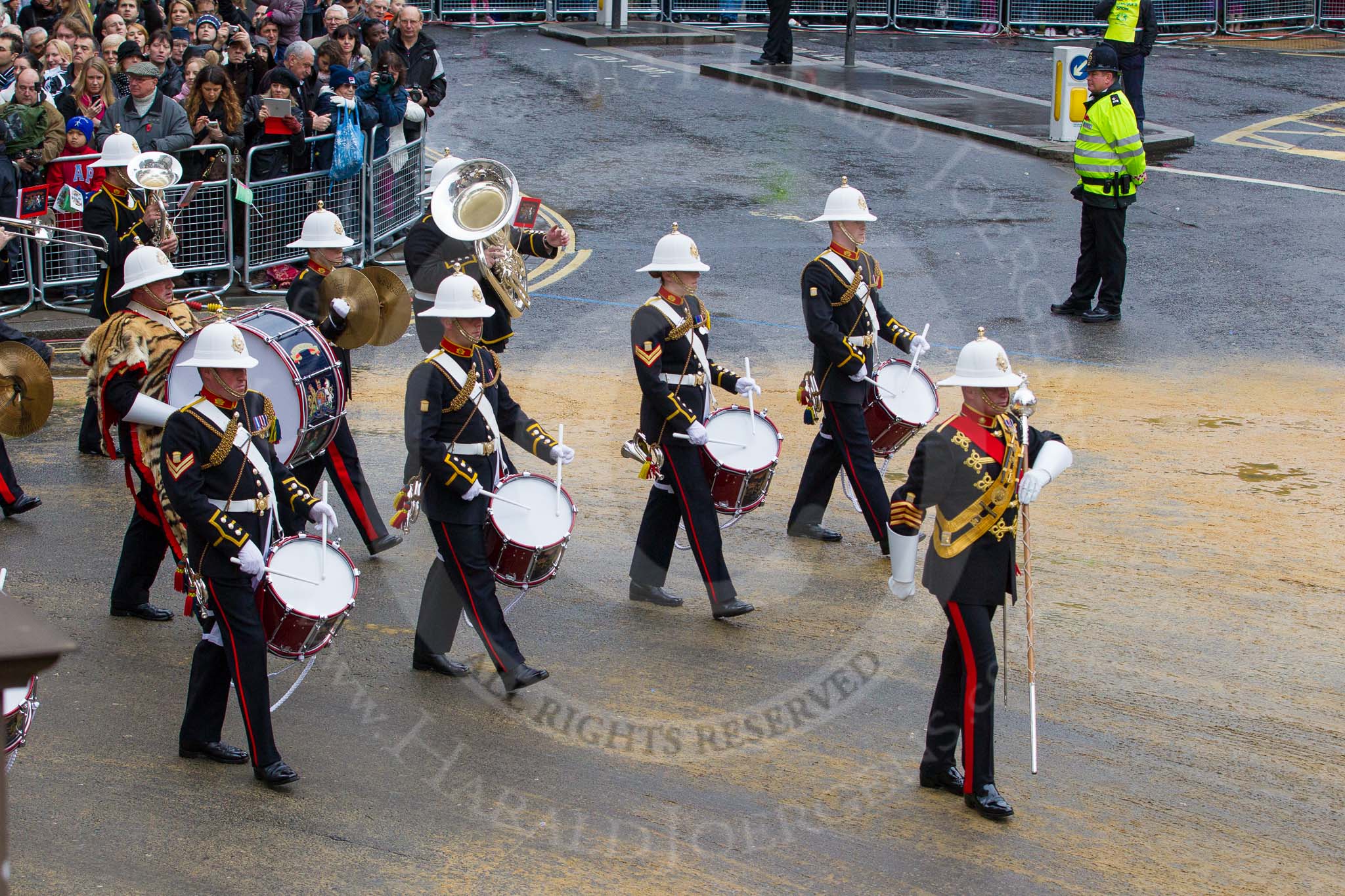 Lord Mayor's Show 2012: Entry 86 - Royal Marines Band (HMS Collingwood)..
Press stand opposite Mansion House, City of London,
London,
Greater London,
United Kingdom,
on 10 November 2012 at 11:38, image #1127