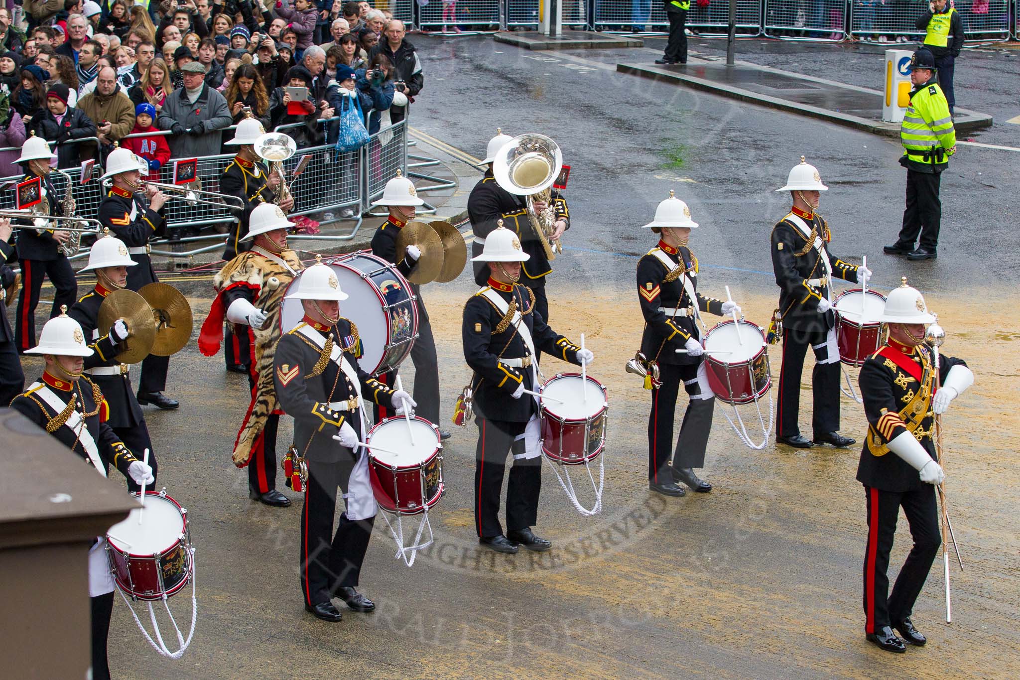 Lord Mayor's Show 2012: Entry 86 - Royal Marines Band (HMS Collingwood)..
Press stand opposite Mansion House, City of London,
London,
Greater London,
United Kingdom,
on 10 November 2012 at 11:38, image #1128