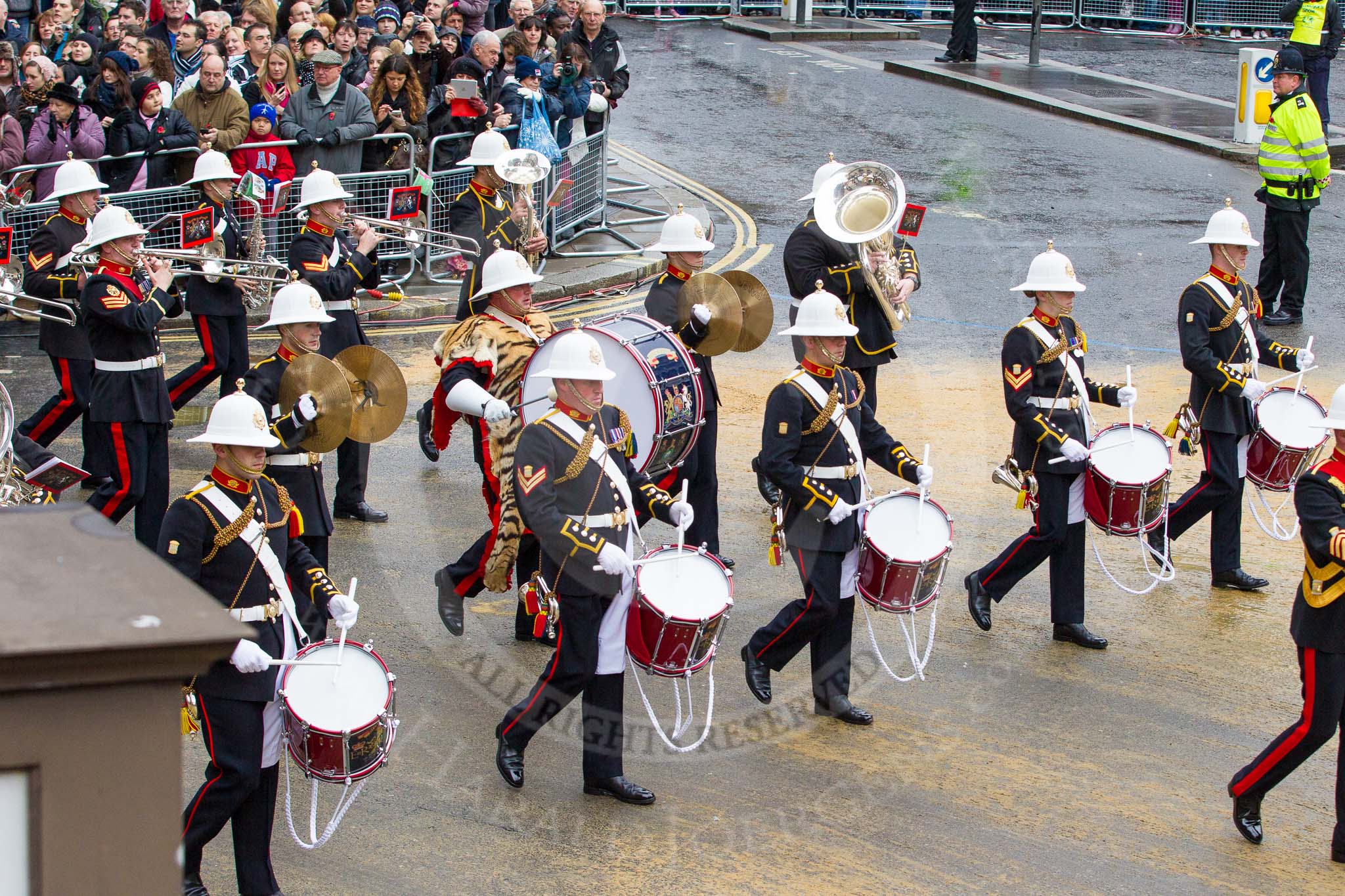 Lord Mayor's Show 2012: Entry 86 - Royal Marines Band (HMS Collingwood)..
Press stand opposite Mansion House, City of London,
London,
Greater London,
United Kingdom,
on 10 November 2012 at 11:38, image #1129