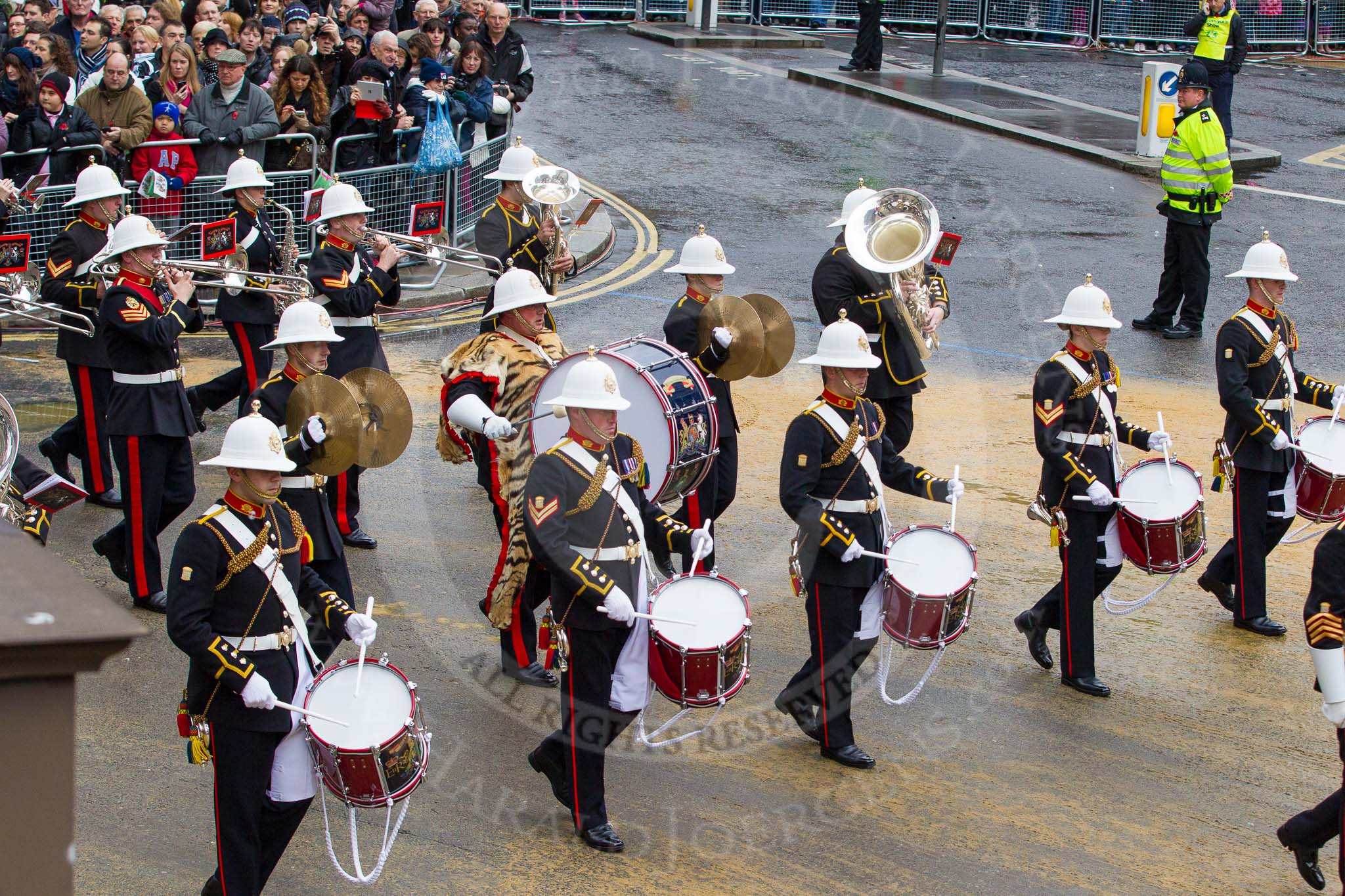 Lord Mayor's Show 2012: Entry 86 - Royal Marines Band (HMS Collingwood)..
Press stand opposite Mansion House, City of London,
London,
Greater London,
United Kingdom,
on 10 November 2012 at 11:38, image #1130