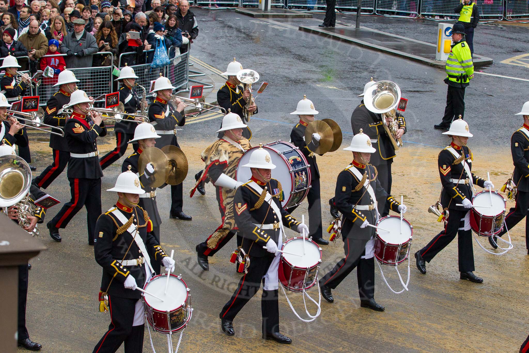 Lord Mayor's Show 2012: Entry 86 - Royal Marines Band (HMS Collingwood)..
Press stand opposite Mansion House, City of London,
London,
Greater London,
United Kingdom,
on 10 November 2012 at 11:38, image #1131