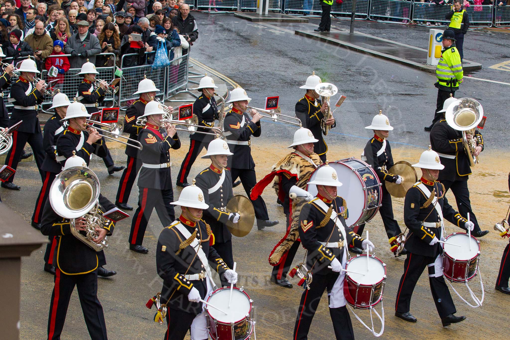 Lord Mayor's Show 2012: Entry 86 - Royal Marines Band (HMS Collingwood)..
Press stand opposite Mansion House, City of London,
London,
Greater London,
United Kingdom,
on 10 November 2012 at 11:38, image #1133