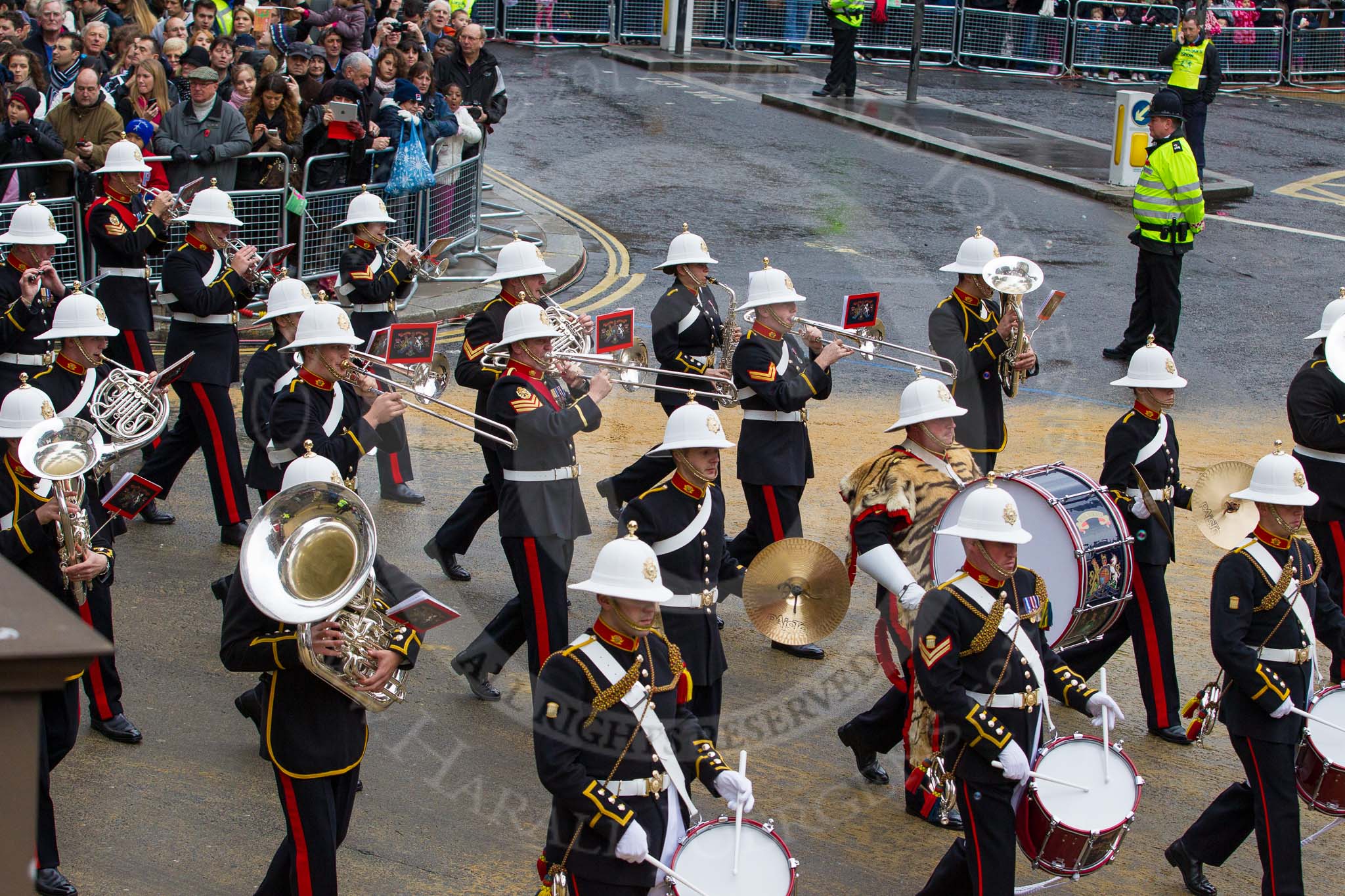 Lord Mayor's Show 2012: Entry 86 - Royal Marines Band (HMS Collingwood)..
Press stand opposite Mansion House, City of London,
London,
Greater London,
United Kingdom,
on 10 November 2012 at 11:38, image #1134