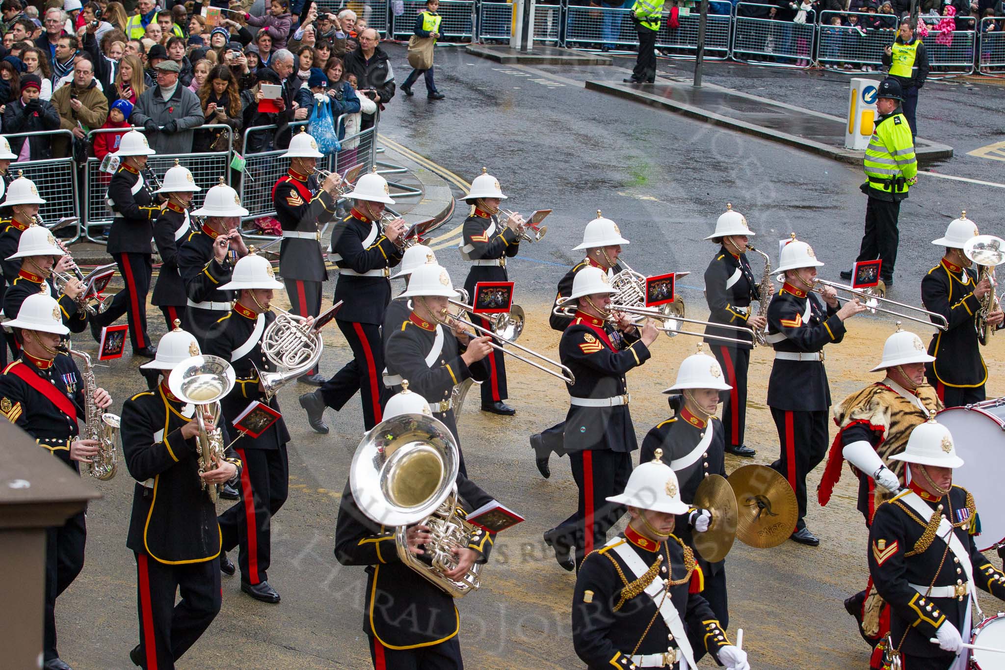 Lord Mayor's Show 2012: Entry 86 - Royal Marines Band (HMS Collingwood)..
Press stand opposite Mansion House, City of London,
London,
Greater London,
United Kingdom,
on 10 November 2012 at 11:38, image #1135