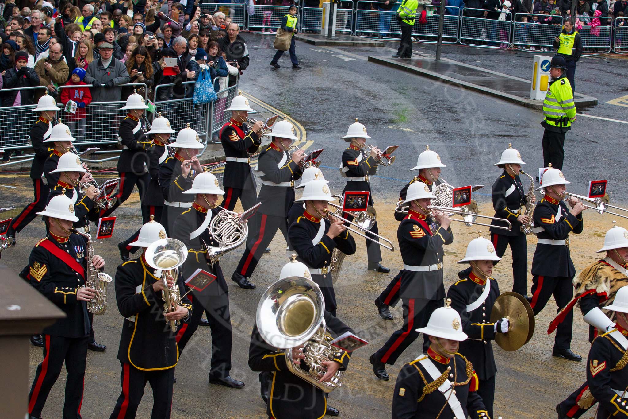 Lord Mayor's Show 2012: Entry 86 - Royal Marines Band (HMS Collingwood)..
Press stand opposite Mansion House, City of London,
London,
Greater London,
United Kingdom,
on 10 November 2012 at 11:38, image #1136