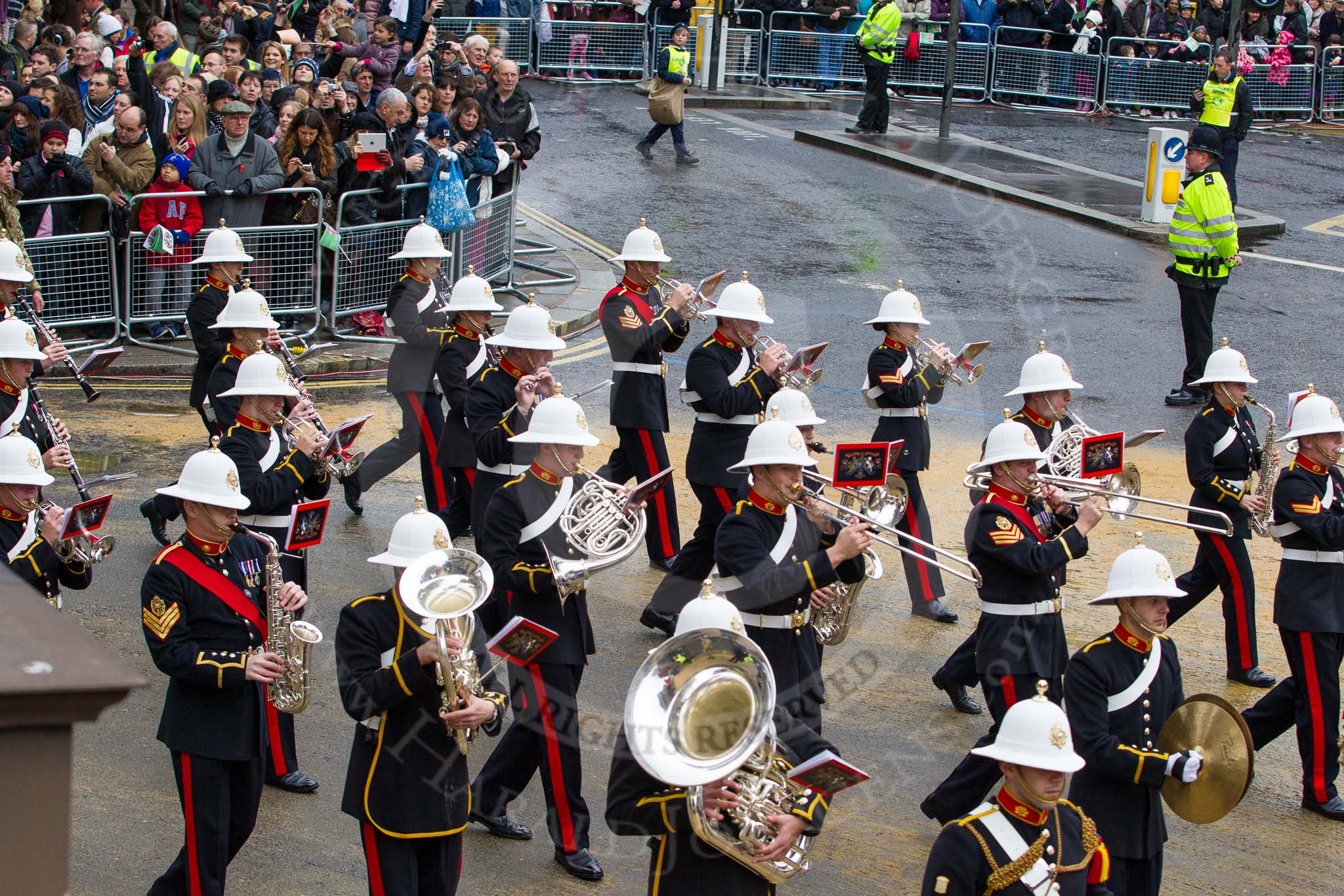 Lord Mayor's Show 2012: Entry 86 - Royal Marines Band (HMS Collingwood)..
Press stand opposite Mansion House, City of London,
London,
Greater London,
United Kingdom,
on 10 November 2012 at 11:38, image #1137