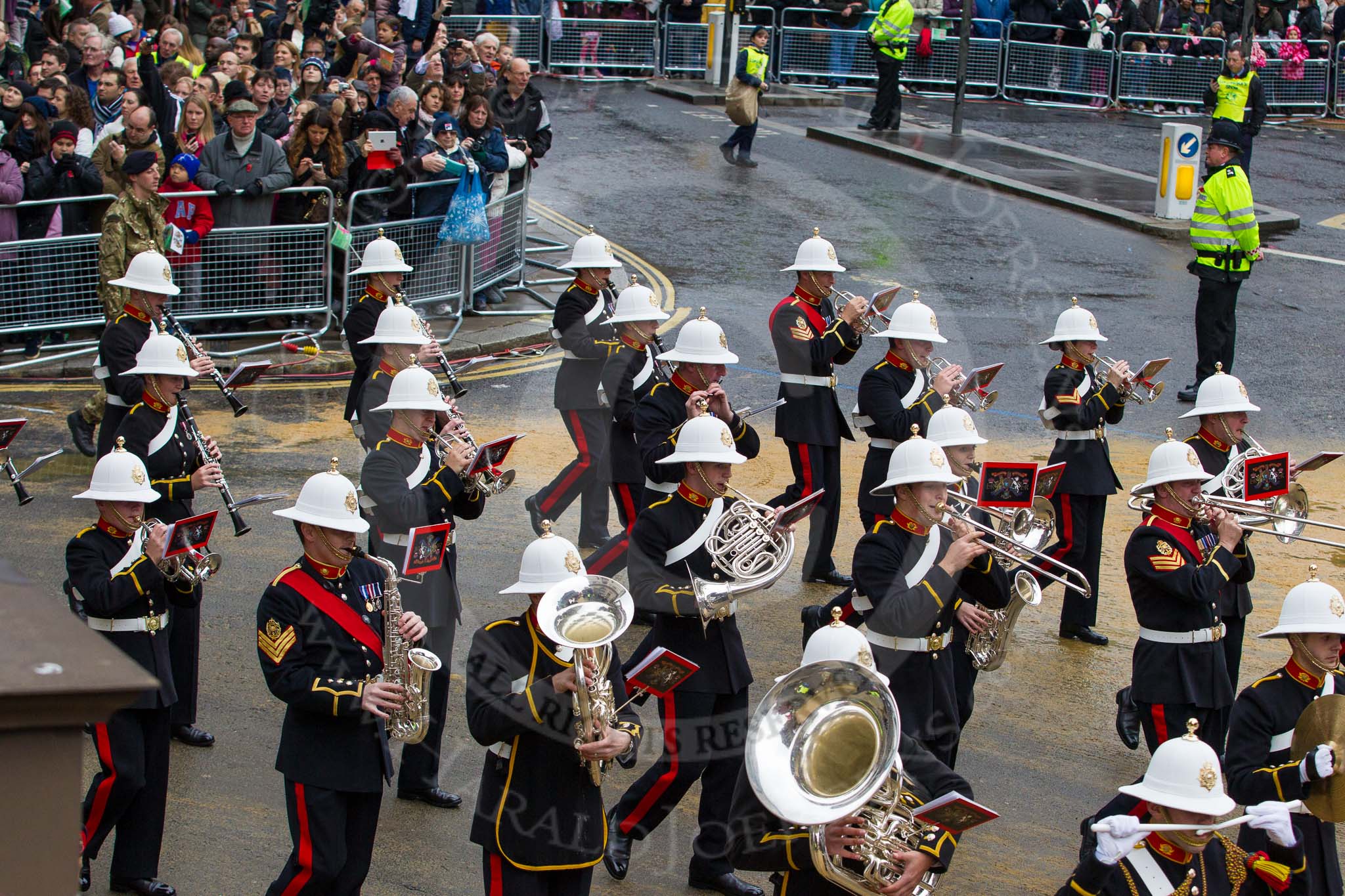 Lord Mayor's Show 2012: Entry 86 - Royal Marines Band (HMS Collingwood)..
Press stand opposite Mansion House, City of London,
London,
Greater London,
United Kingdom,
on 10 November 2012 at 11:38, image #1138